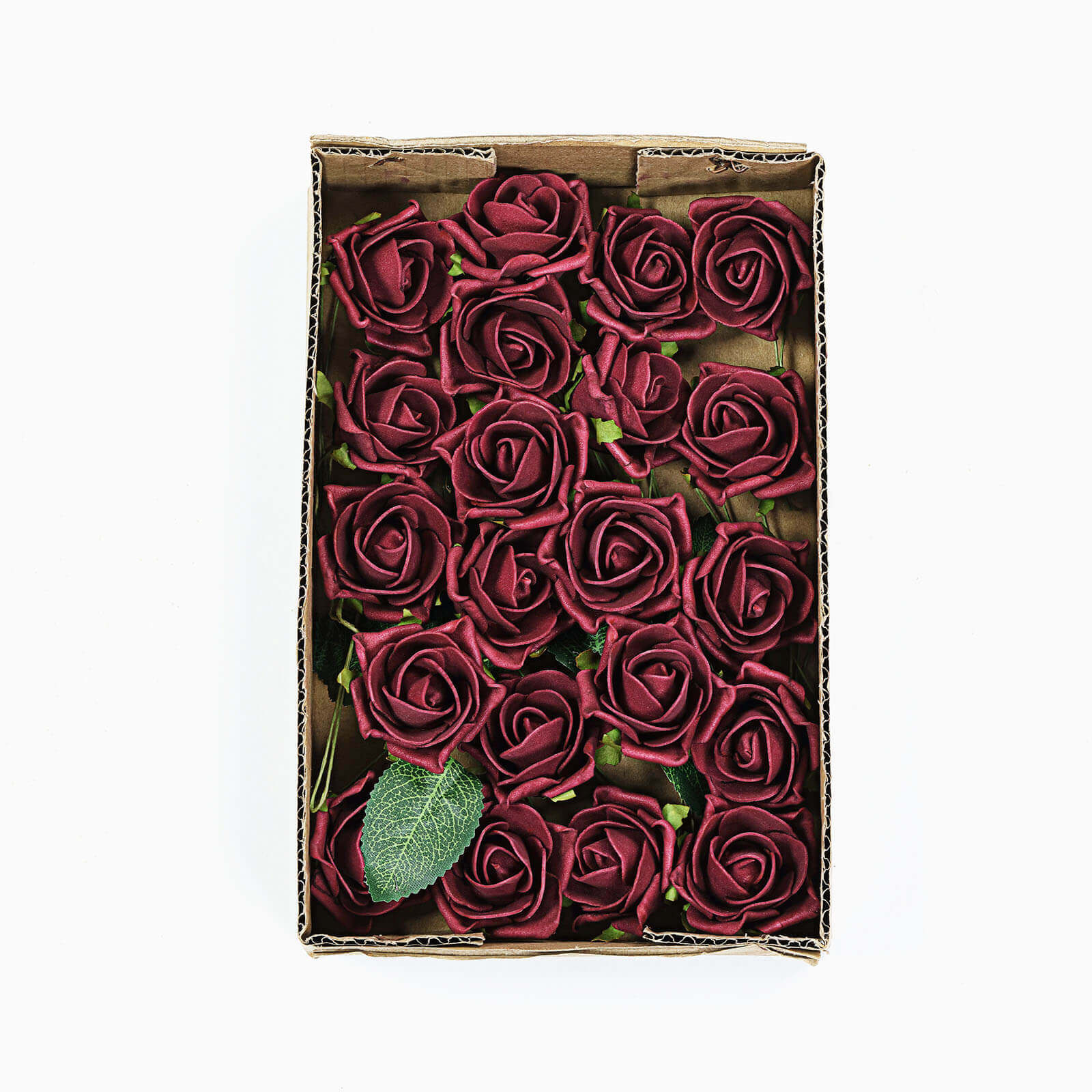 24 Roses Burgundy Artificial Foam Flowers With Stem Wire and Leaves 2" - Image 7