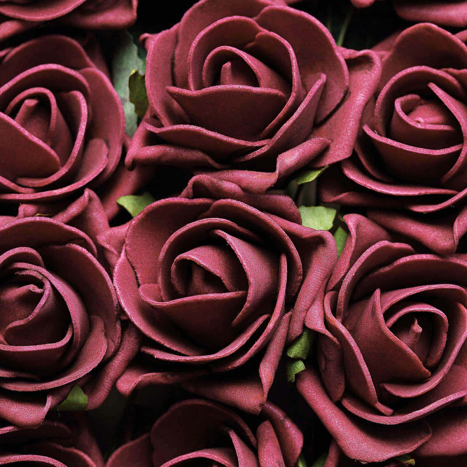 24 Roses Burgundy Artificial Foam Flowers With Stem Wire and Leaves 2" - Image 8