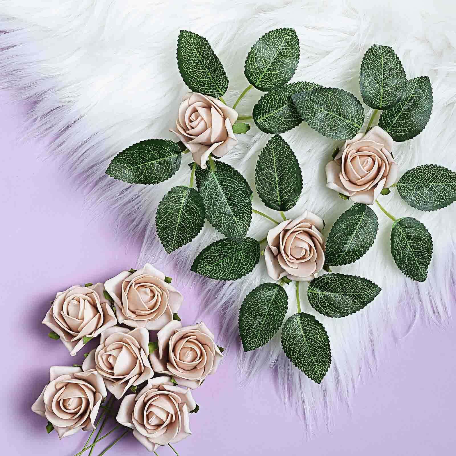 24 Roses Champagne Artificial Foam Flowers With Stem Wire and Leaves 2" - Image 2