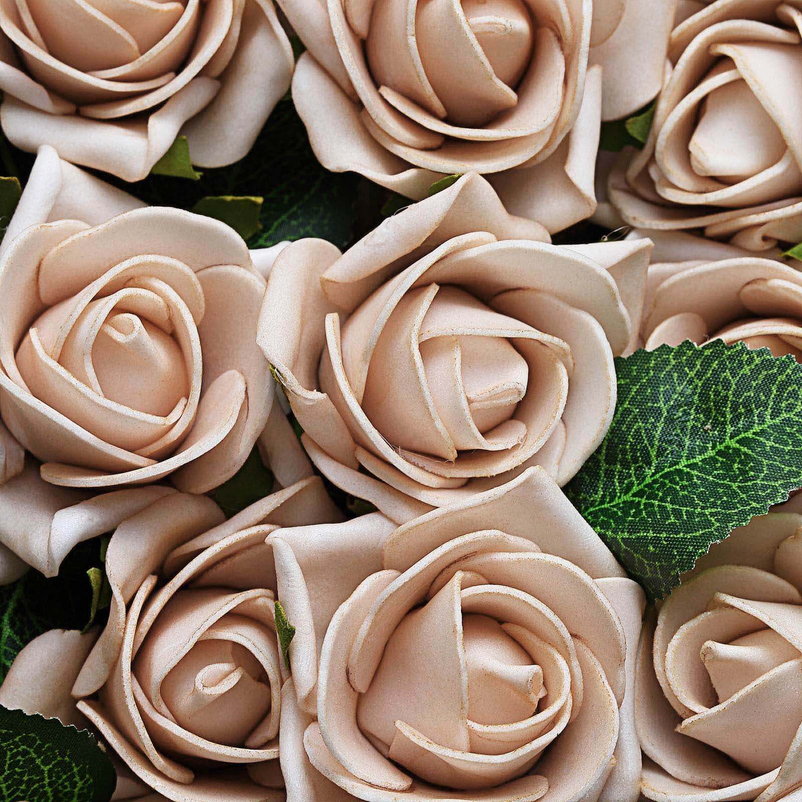 24 Roses Champagne Artificial Foam Flowers With Stem Wire and Leaves 2" - Image 8