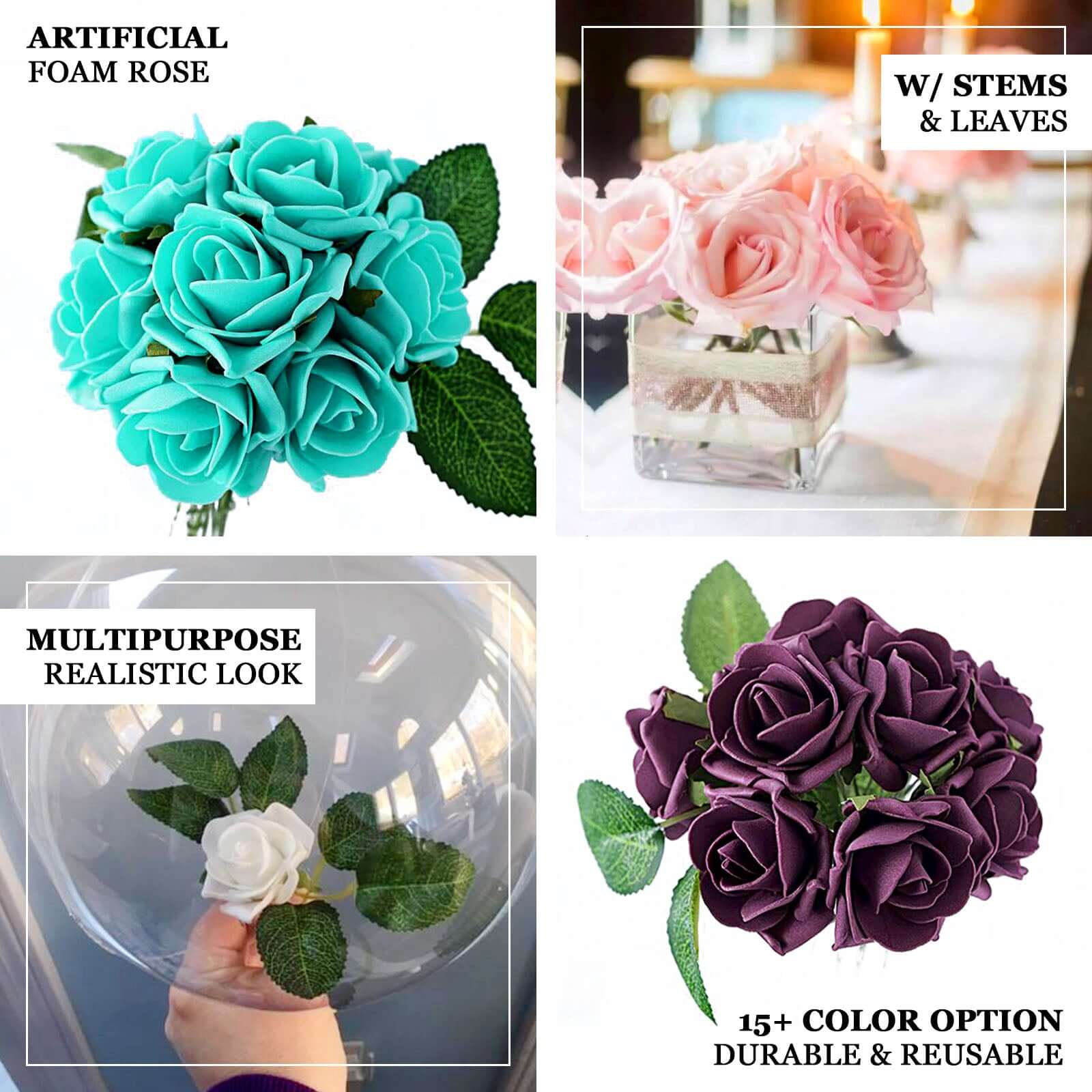24 Roses Cream Artificial Foam Flowers With Stem Wire and Leaves 2" - Image 4