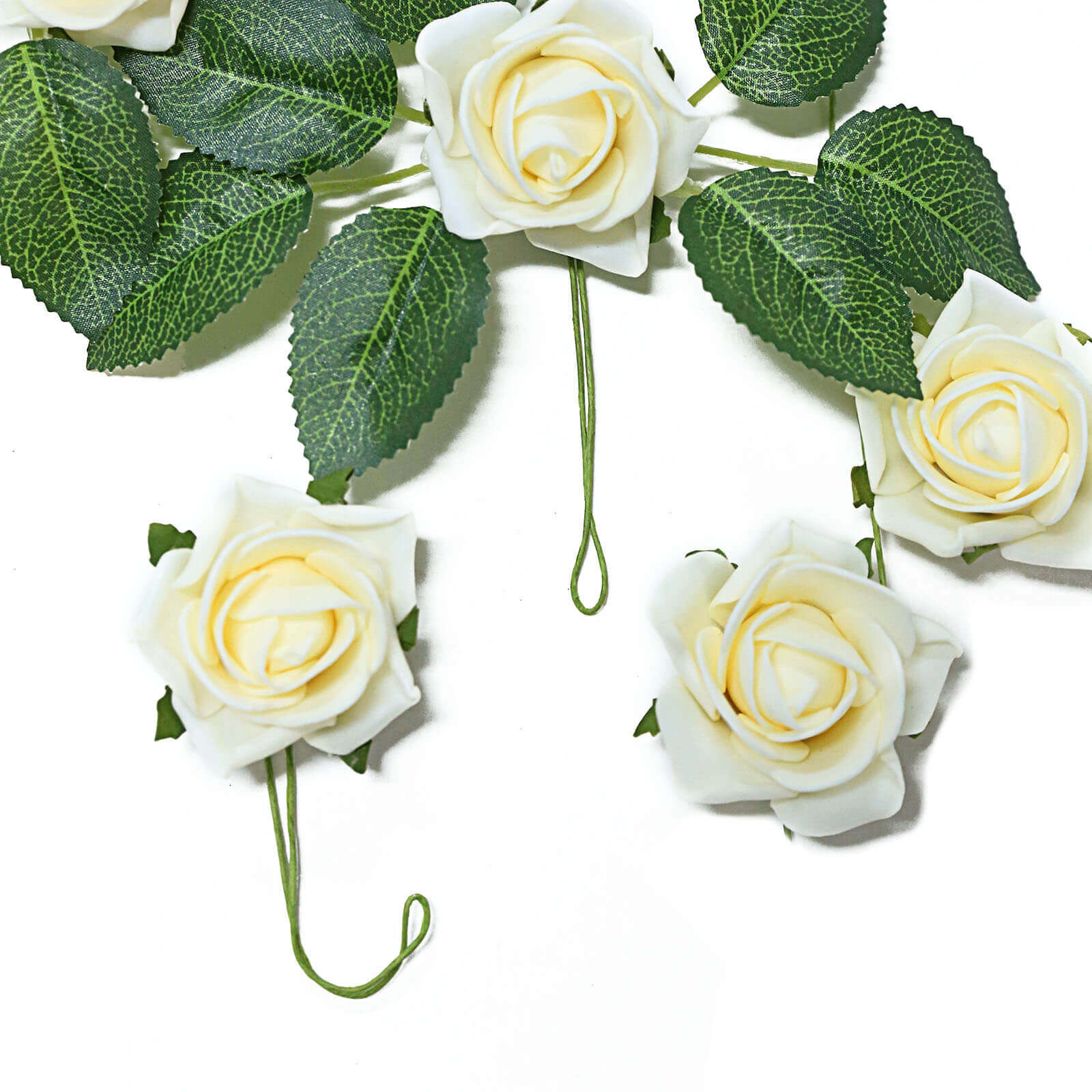 24 Roses Cream Artificial Foam Flowers With Stem Wire and Leaves 2" - Image 6