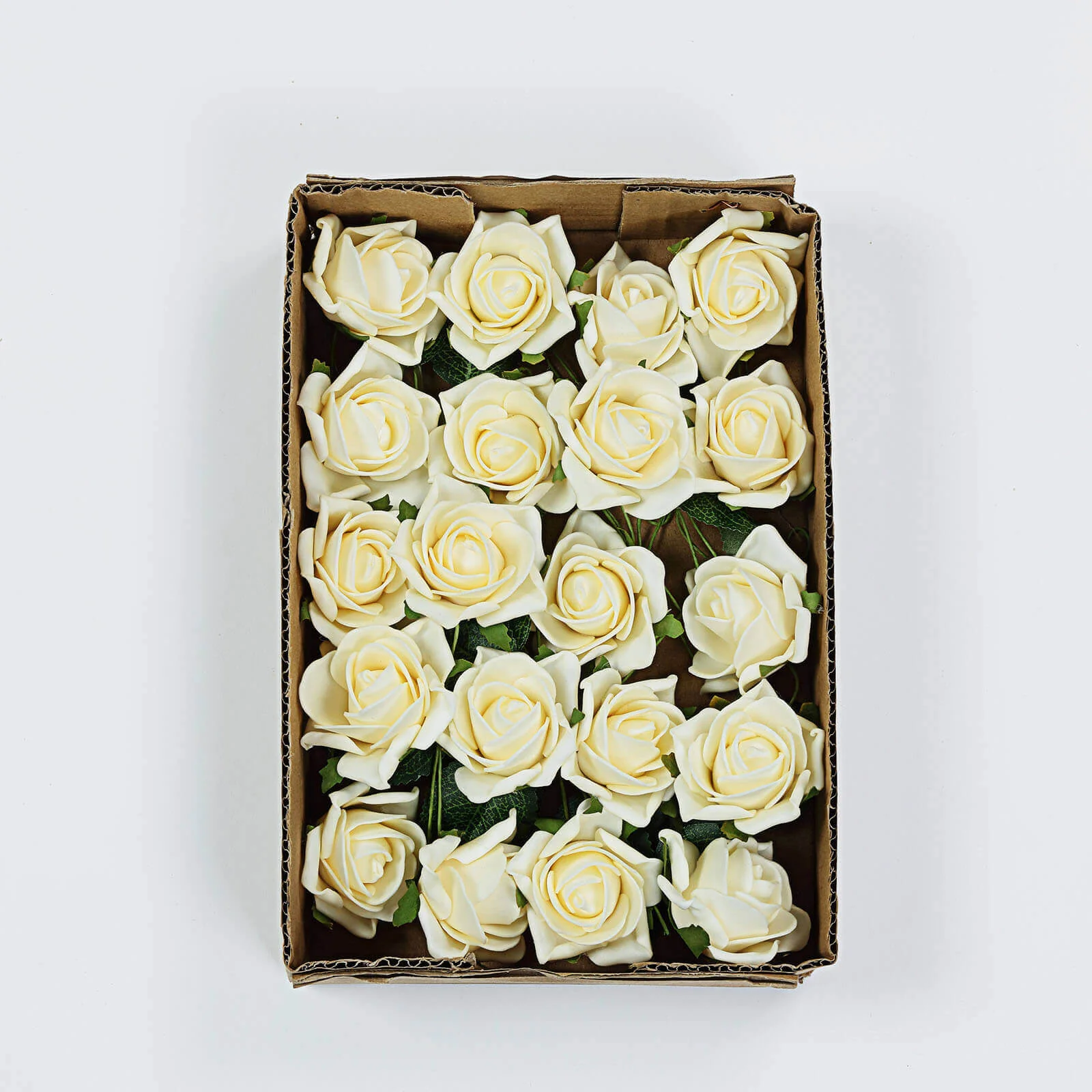 24 Roses Cream Artificial Foam Flowers With Stem Wire and Leaves 2" - Image 7