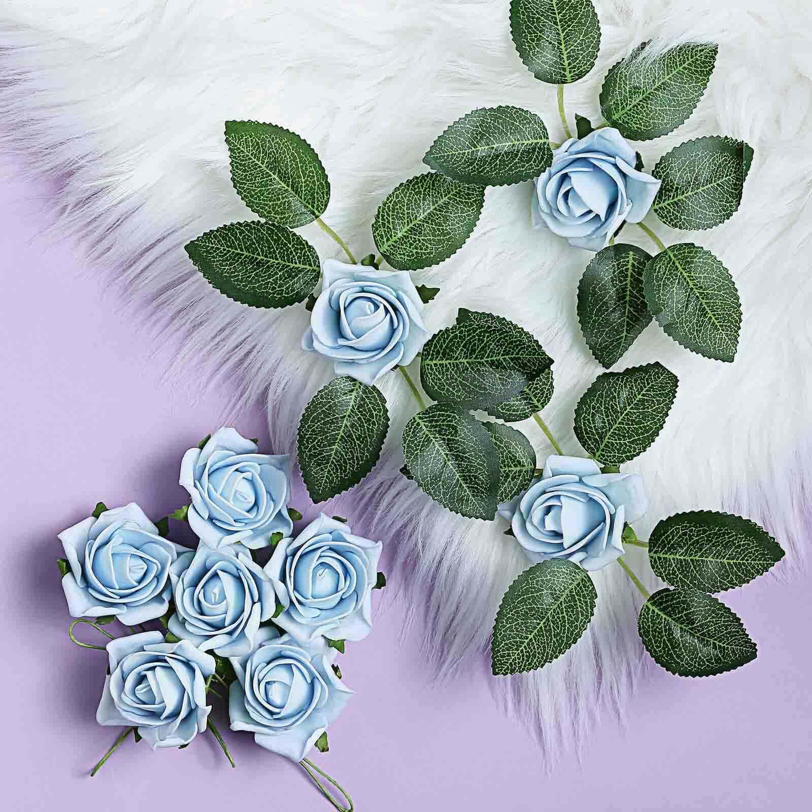 24 Roses Dusty Blue Artificial Foam Flowers With Stem Wire and Leaves 2" - Image 2