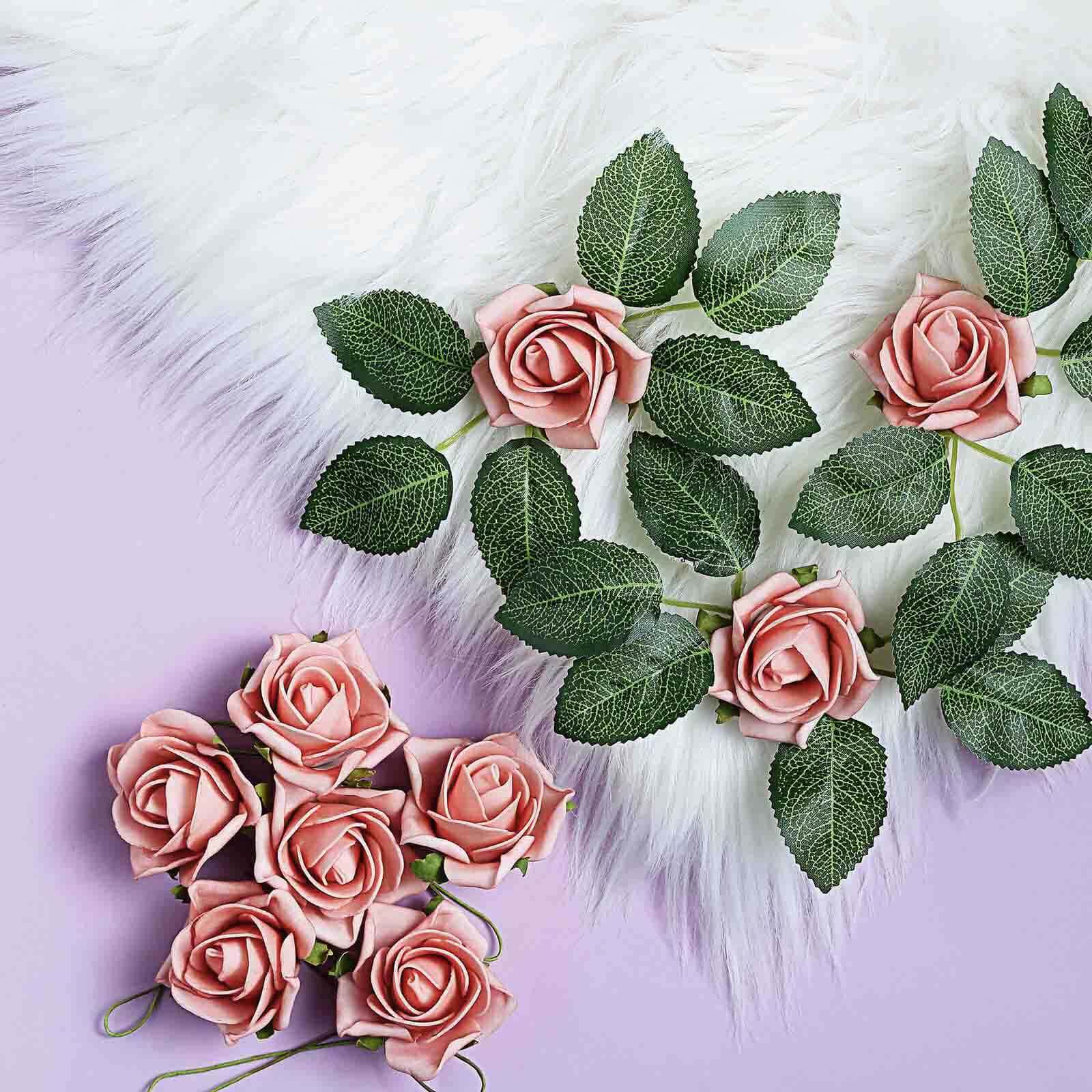 24 Roses Dusty Rose Artificial Foam Flowers With Stem Wire and Leaves 2" - Image 2