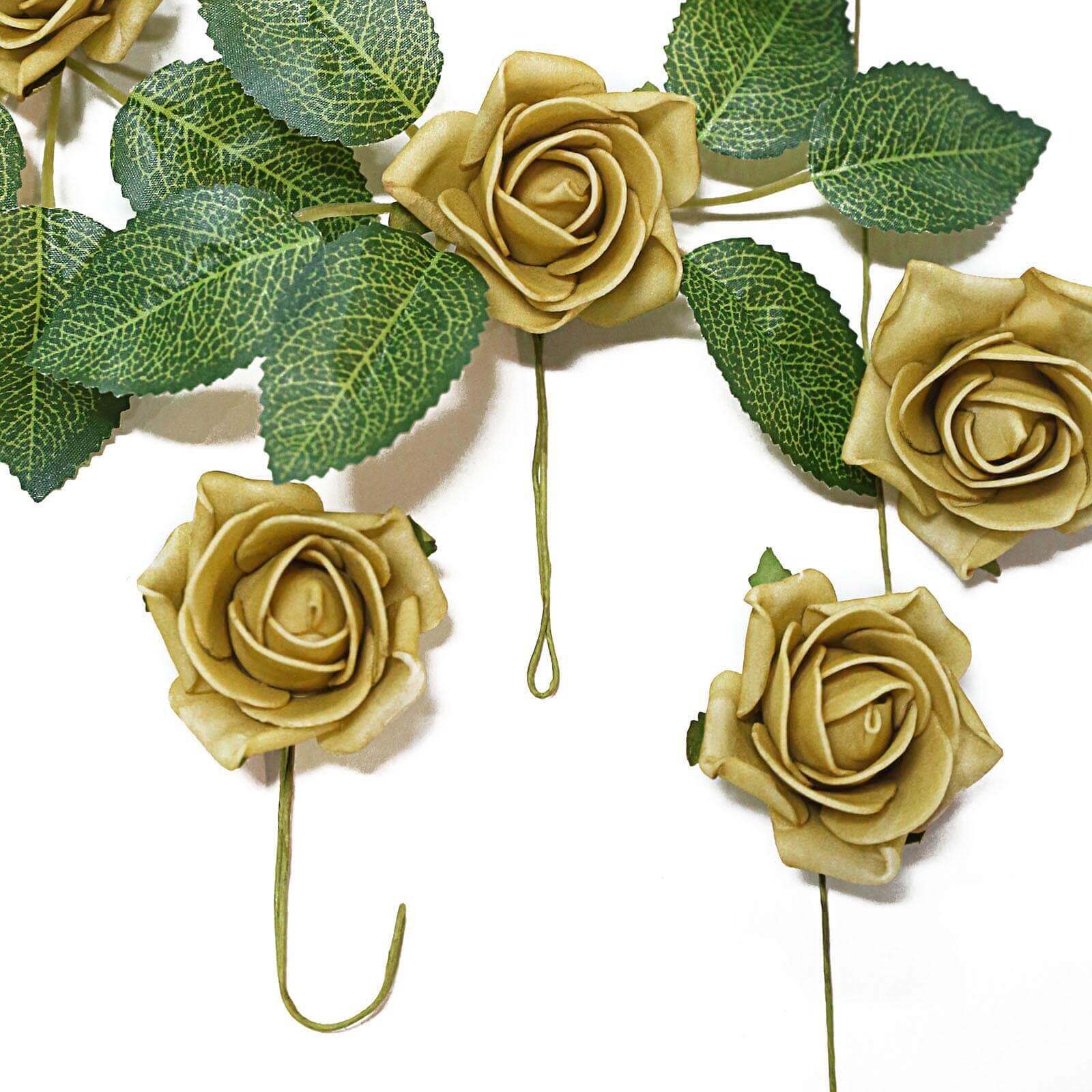 24 Roses Gold Artificial Foam Flowers With Stem Wire and Leaves 2" - Image 6