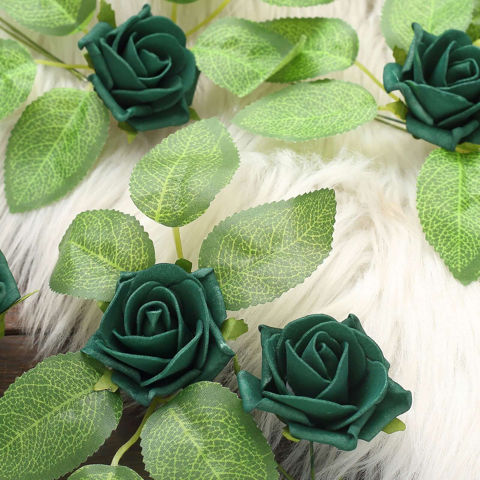 24 Roses Hunter Emerald Green Artificial Foam Flowers With Stem Wire and Leaves 2" - Image 10