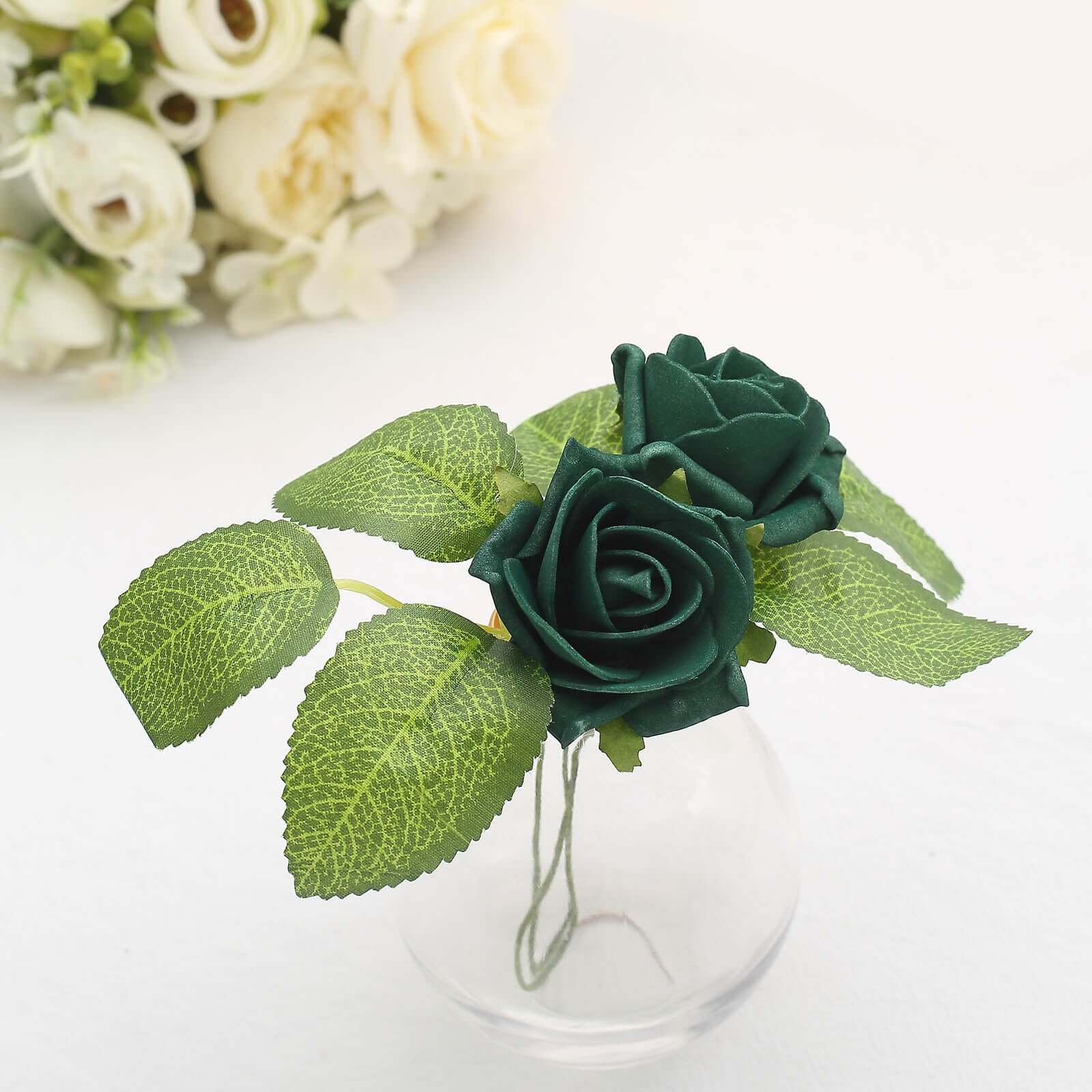 24 Roses Hunter Emerald Green Artificial Foam Flowers With Stem Wire and Leaves 2" - Image 13