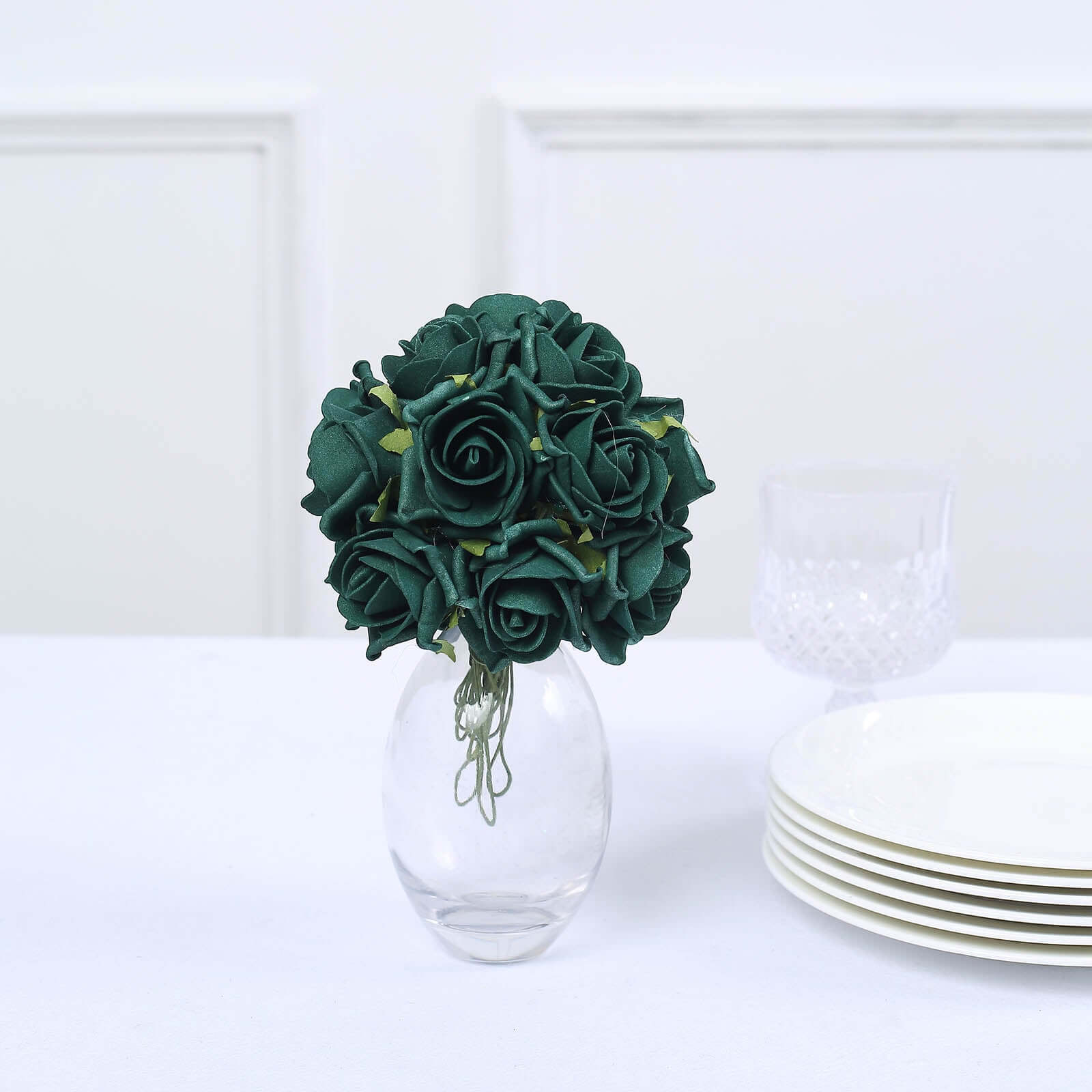 24 Roses Hunter Emerald Green Artificial Foam Flowers With Stem Wire and Leaves 2" - Image 14