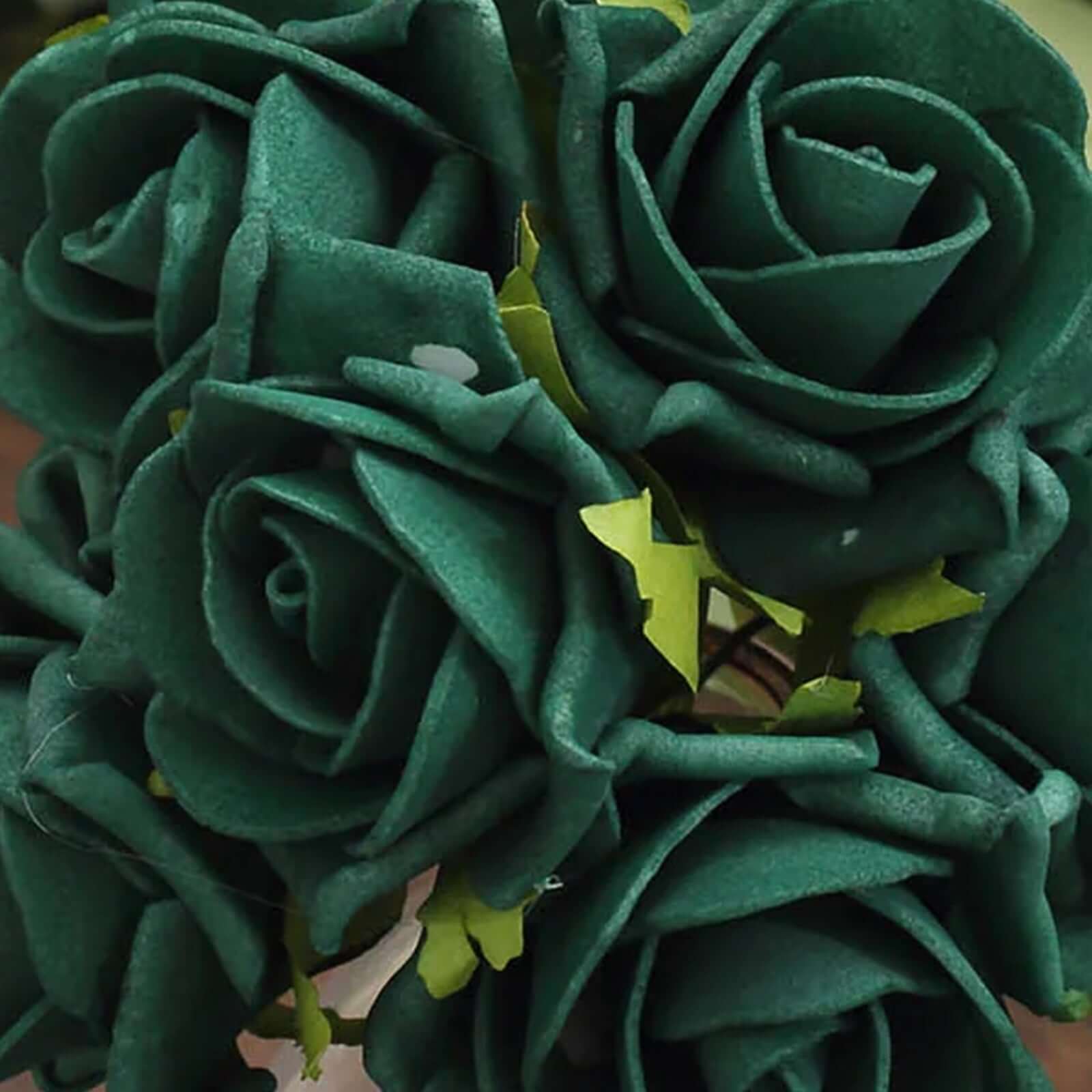 24 Roses Hunter Emerald Green Artificial Foam Flowers With Stem Wire and Leaves 2" - Image 16