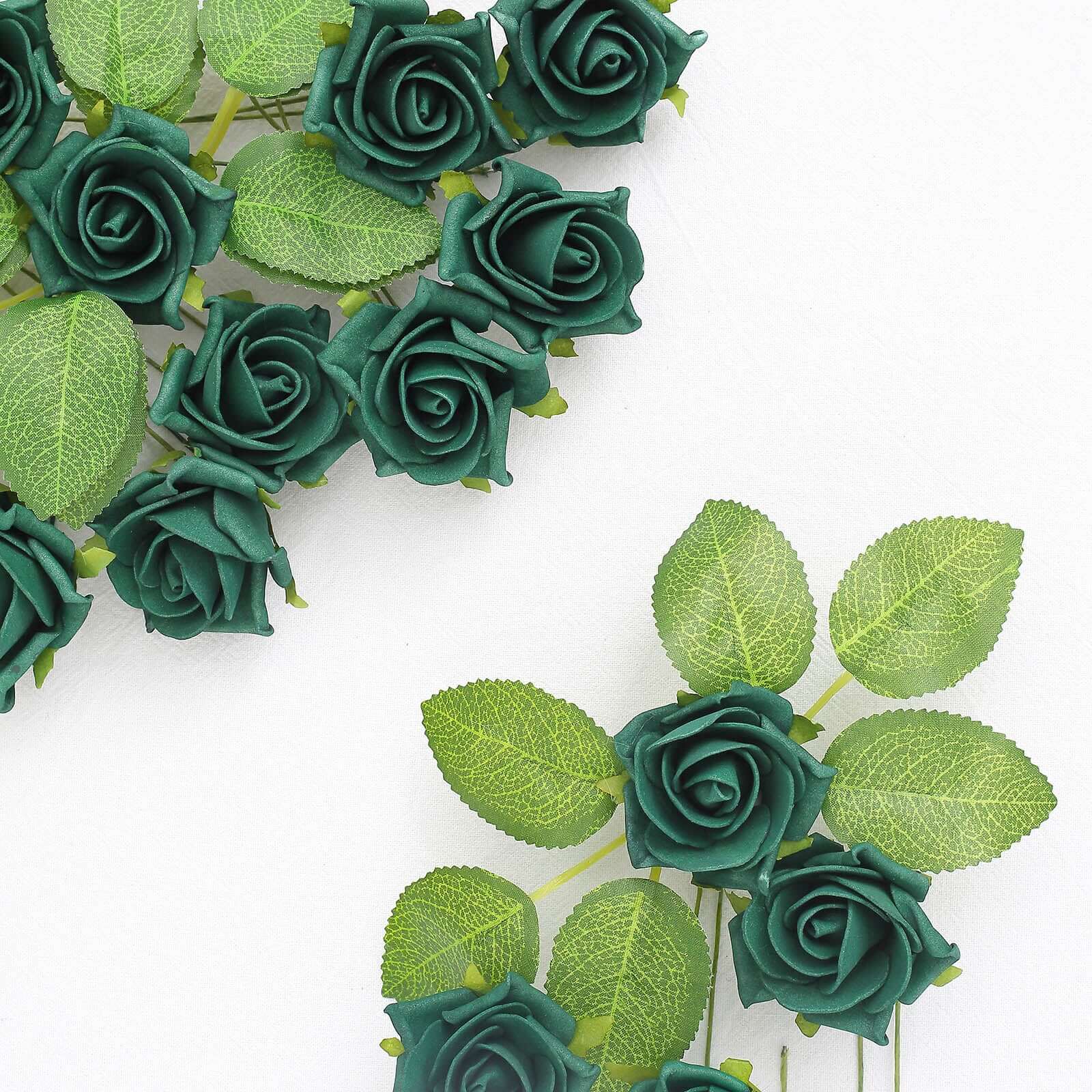 24 Roses Hunter Emerald Green Artificial Foam Flowers With Stem Wire and Leaves 2" - Image 9