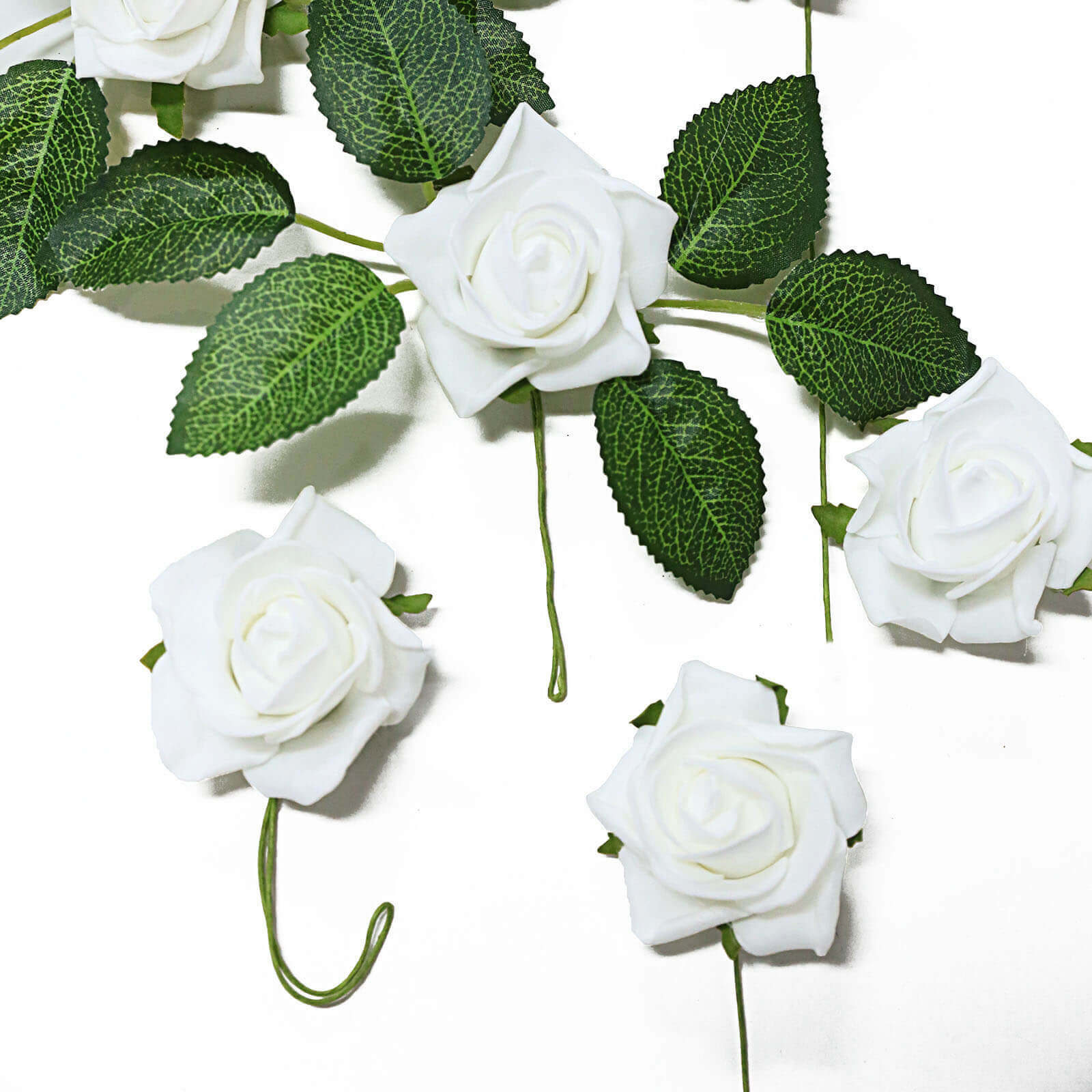 24 Roses White Artificial Foam Flowers With Stem Wire and Leaves 2" - Image 6