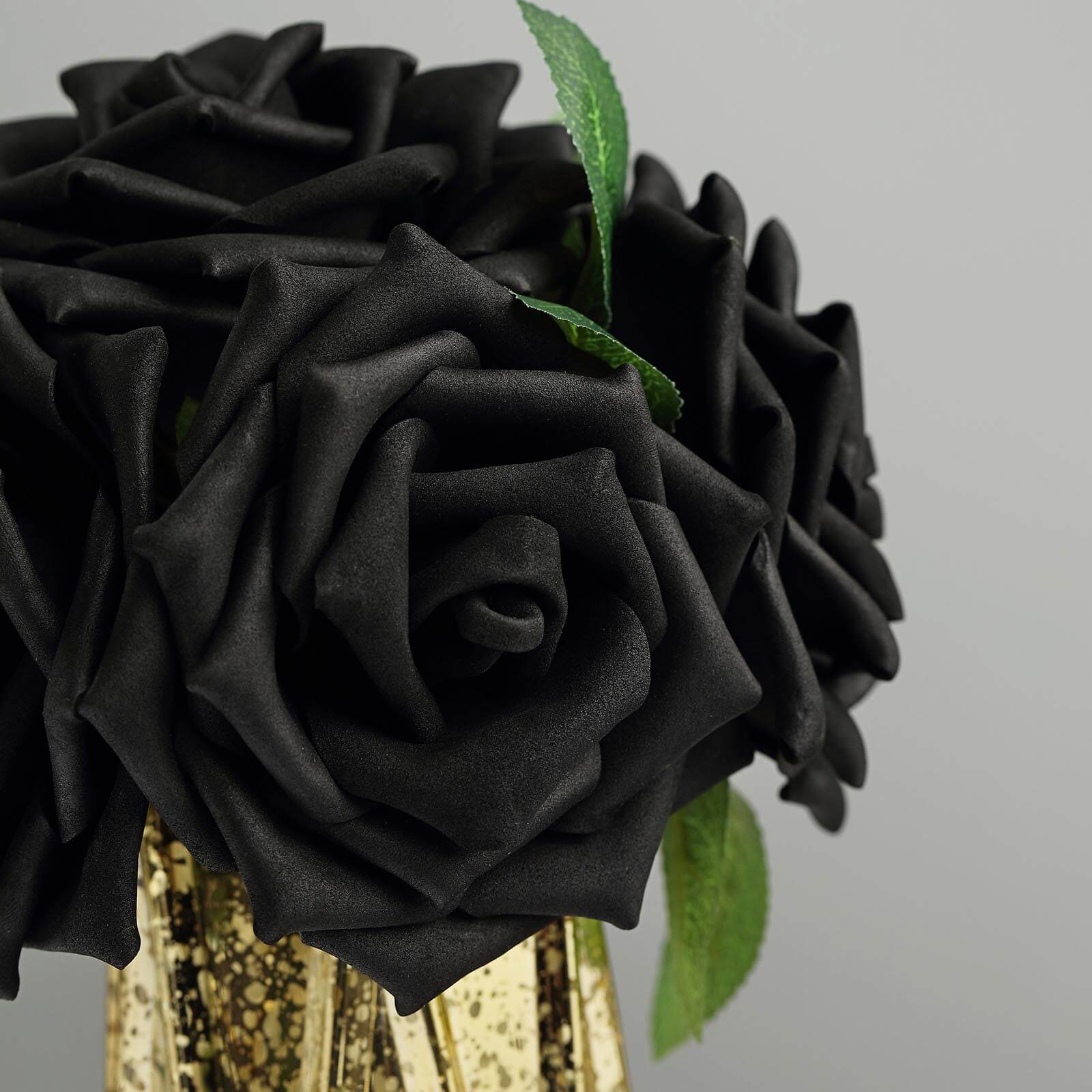 24 Roses Black Artificial Foam Flowers With Stem Wire and Leaves 5" - Image 2