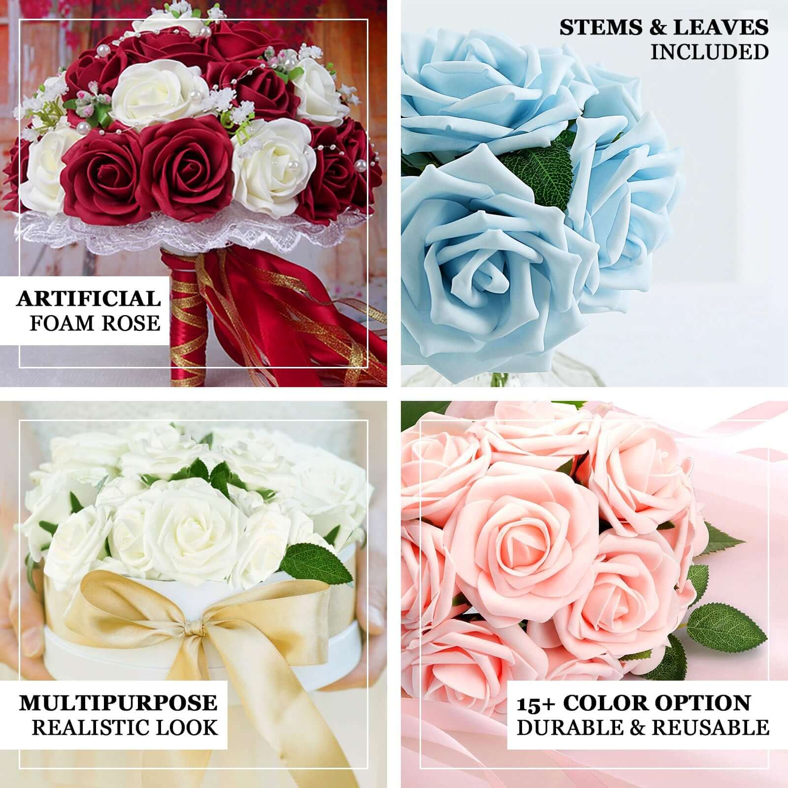 24 Roses Ivory Artificial Foam Flowers With Stem Wire and Leaves 5" - Image 4