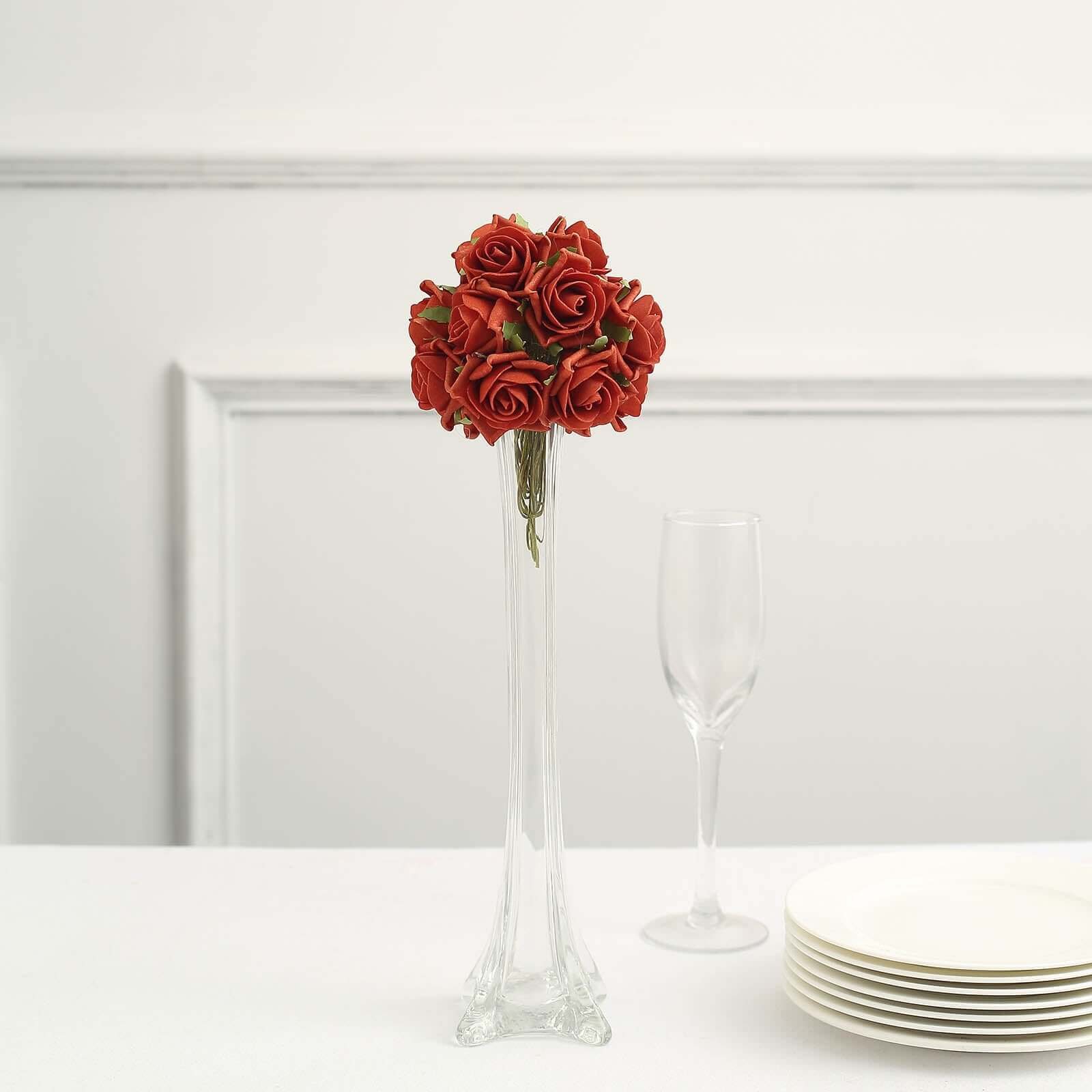 24 Roses Terracotta (Rust) Artificial Foam Flowers With Stem Wire and Leaves 2" - Image 10