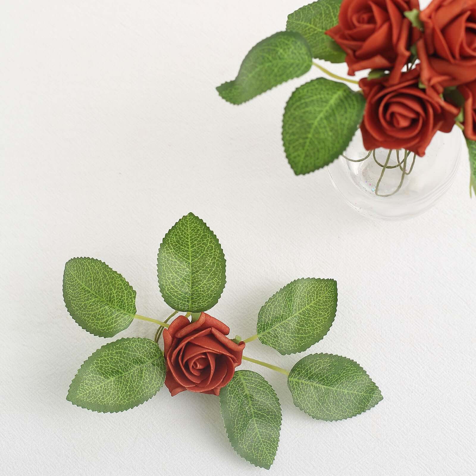 24 Roses Terracotta (Rust) Artificial Foam Flowers With Stem Wire and Leaves 2" - Image 14