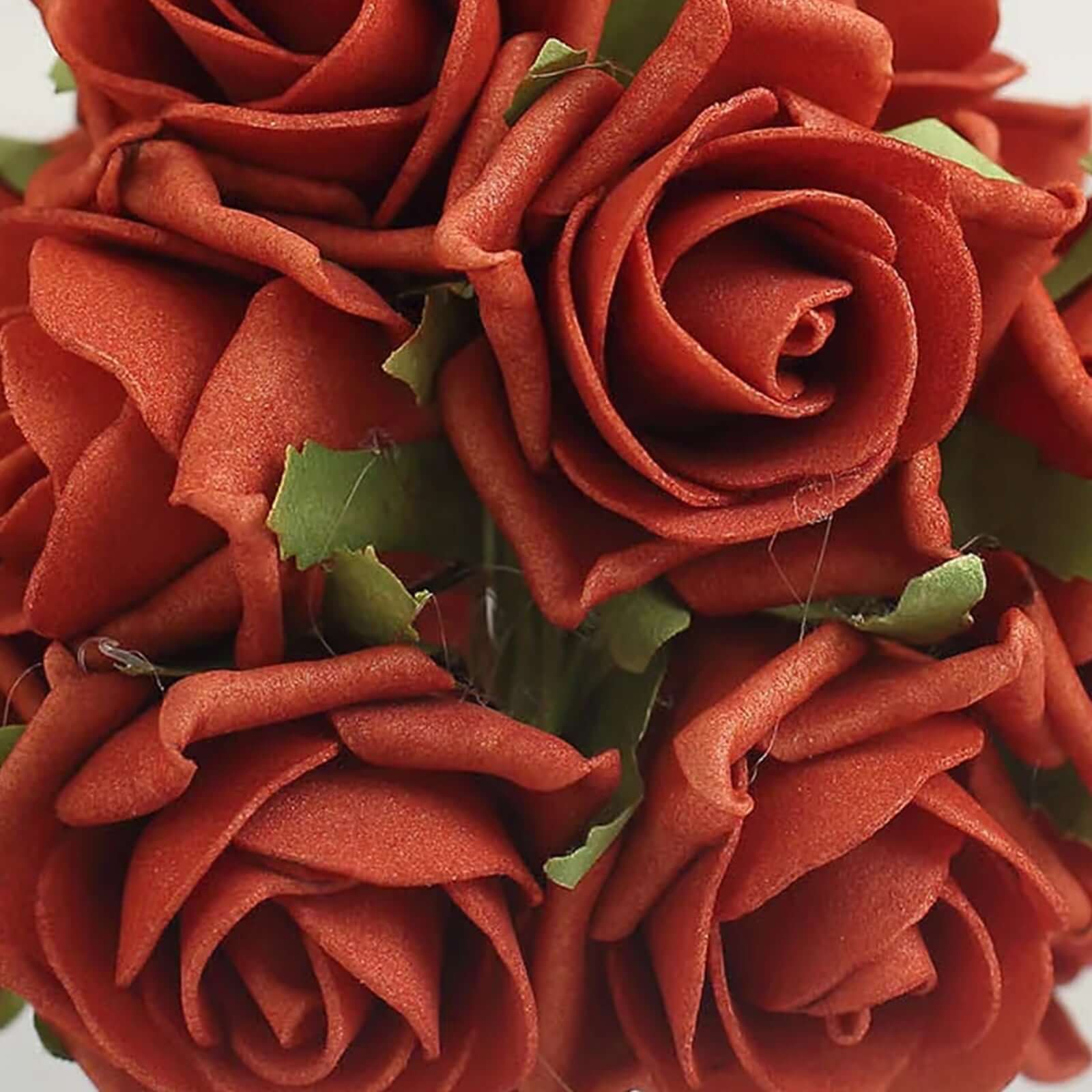 24 Roses Terracotta (Rust) Artificial Foam Flowers With Stem Wire and Leaves 2" - Image 16