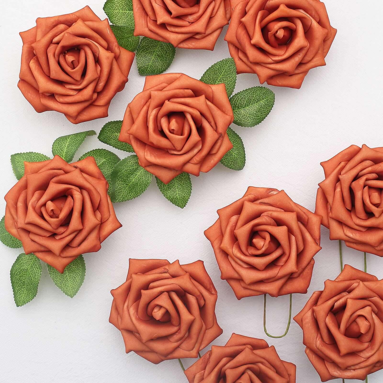 24 Roses Terracotta (Rust) Artificial Foam Flowers With Stem Wire and Leaves 5" - Image 2