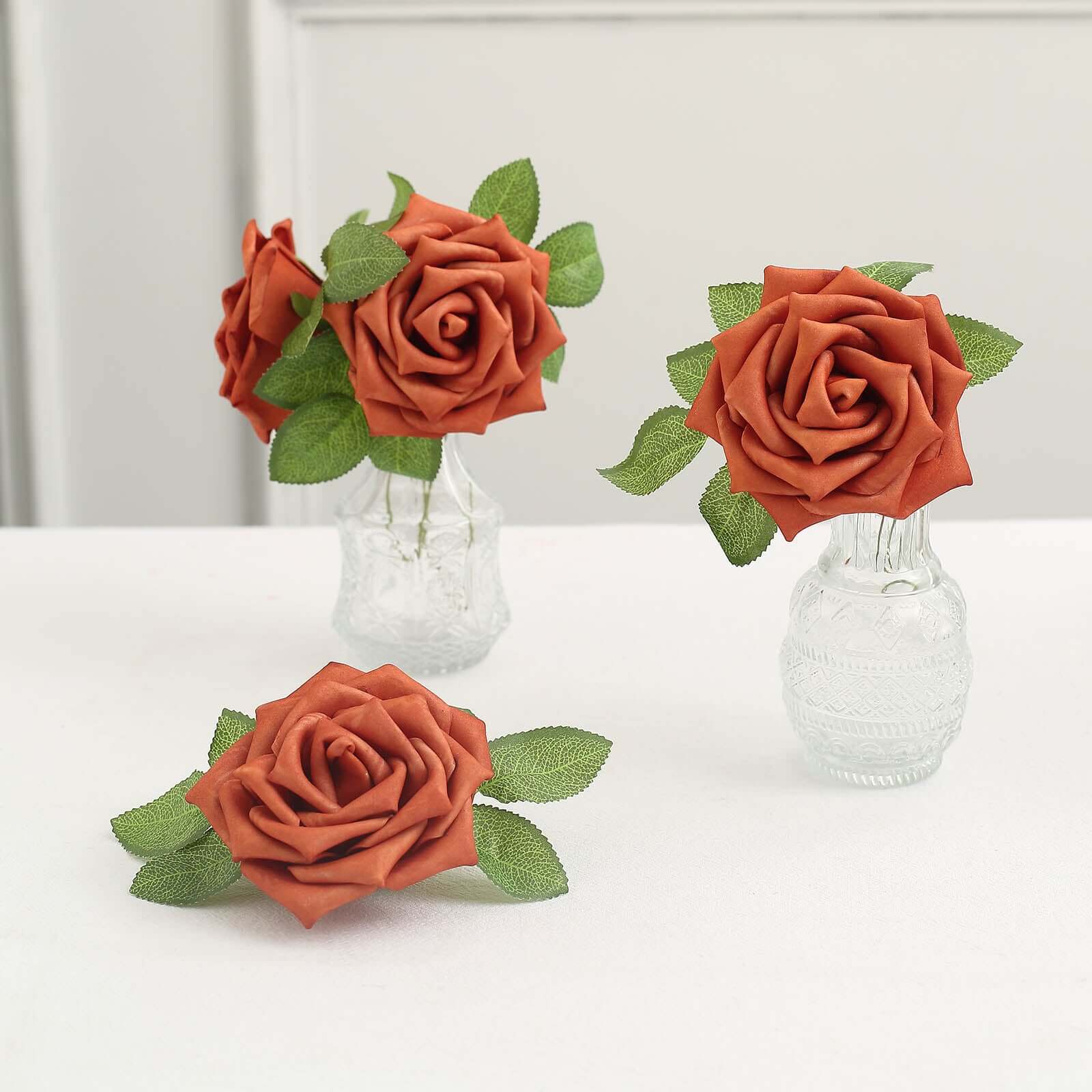 24 Roses Terracotta (Rust) Artificial Foam Flowers With Stem Wire and Leaves 5" - Image 6