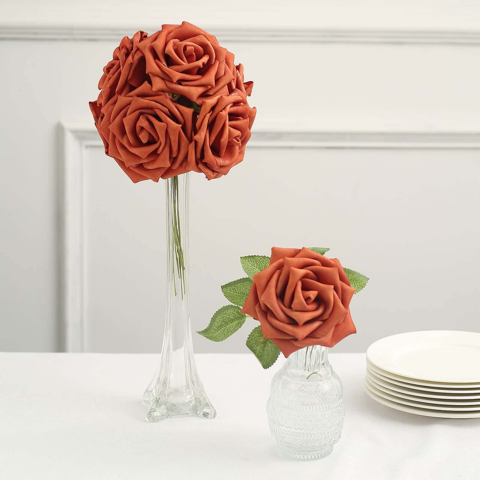 24 Roses Terracotta (Rust) Artificial Foam Flowers With Stem Wire and Leaves 5" - Image 8