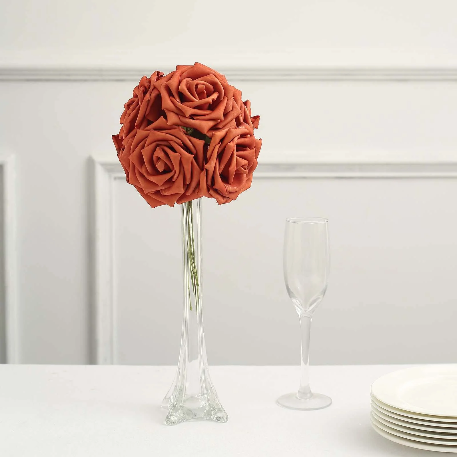 24 Roses Terracotta (Rust) Artificial Foam Flowers With Stem Wire and Leaves 5" - Image 9