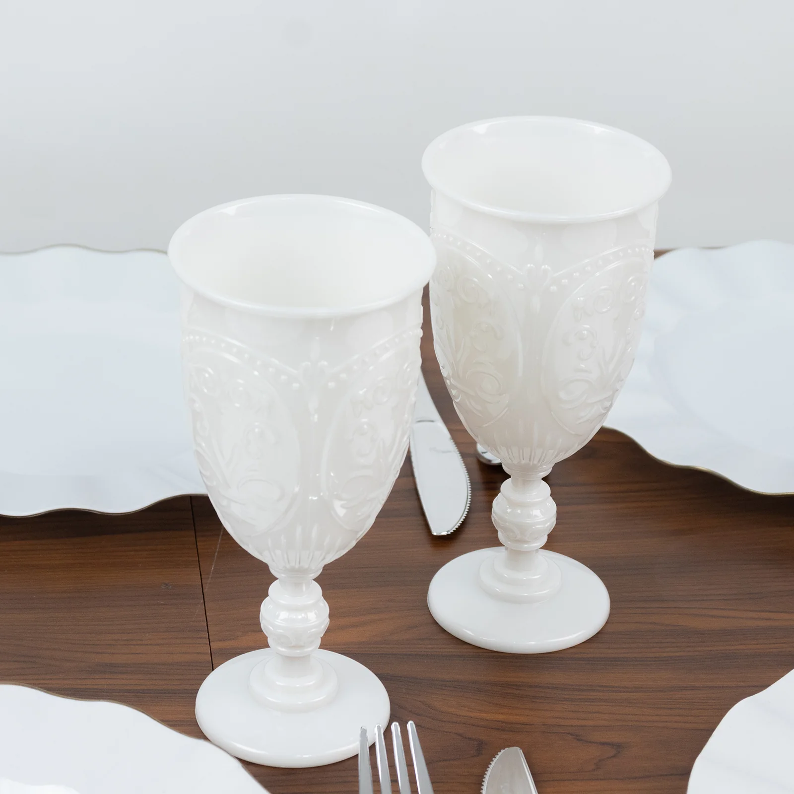 24-Pack Plastic Vintage Goblets – 10oz Pearl White Retro Embossed Wine Glasses, Elegant Water & Juice Cups - 7" Tall - Image 5