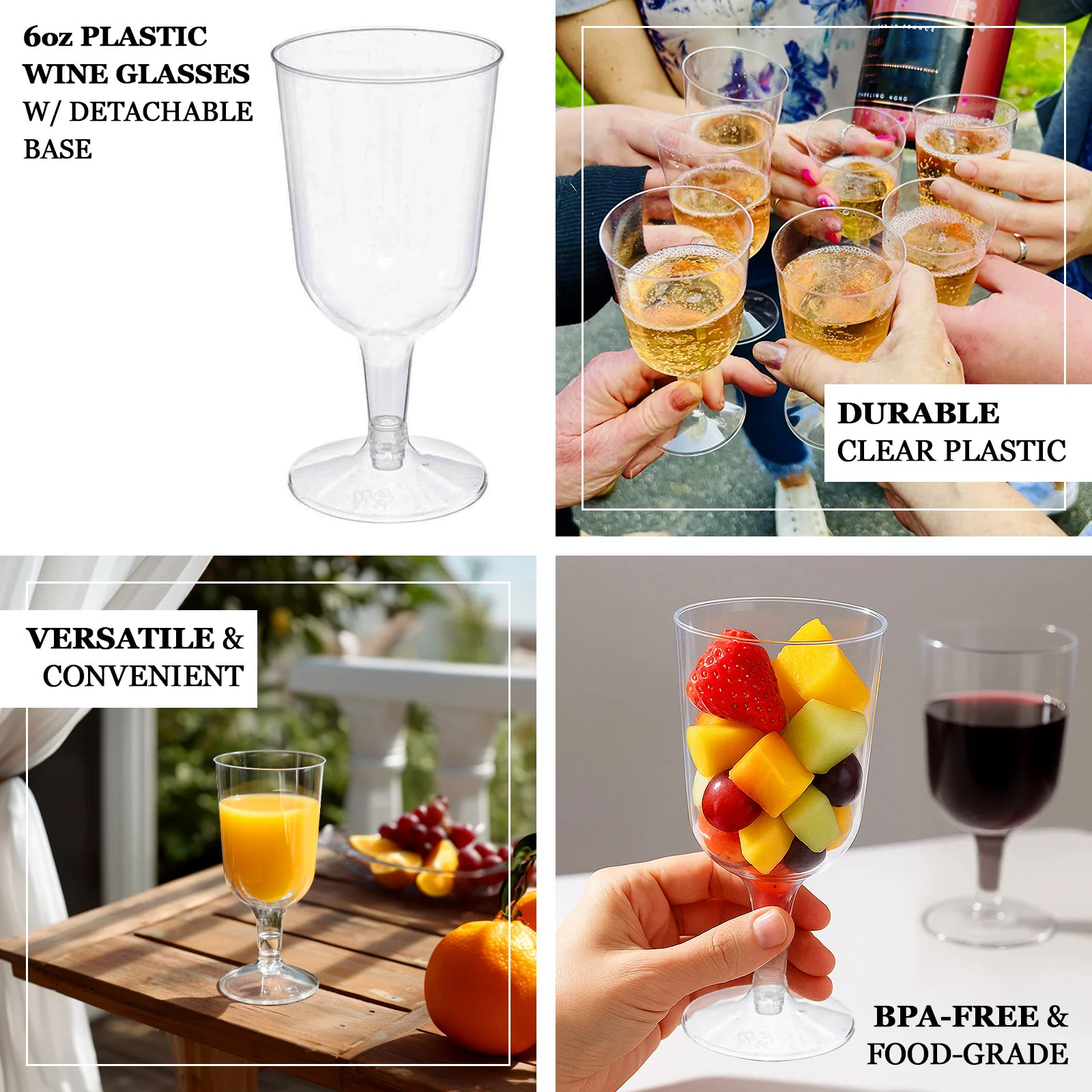 24 Pack Short Stem Plastic Wine Glasses 6oz Clear Disposable Party Cups with Detachable Base - Image 3
