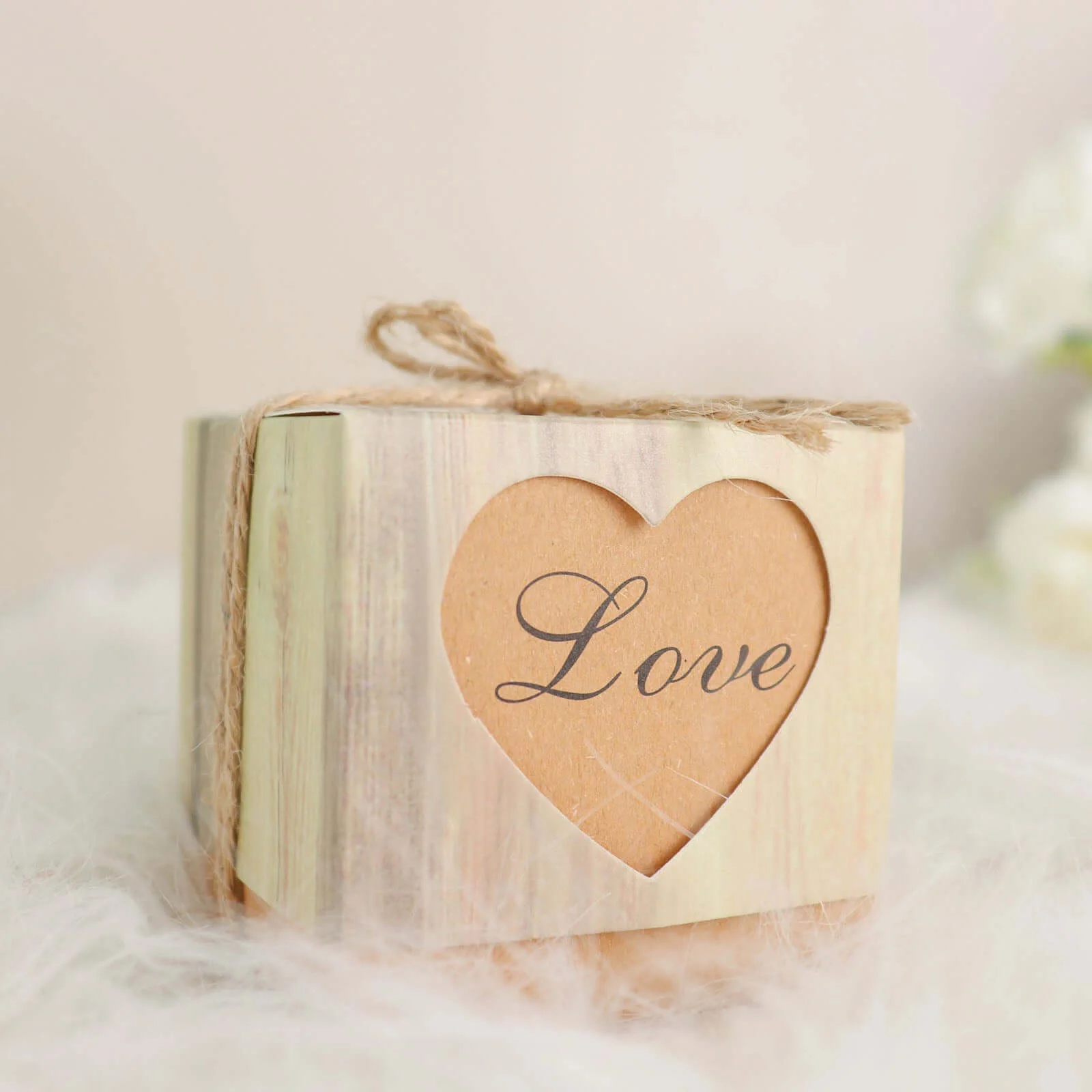 25 Pack Rustic Wood Pattern Natural Brown Paper Party Favor Boxes, Square Candy Gift Boxes with Burlap Jute Twine and Love Heart Cut Out 2.5" - Image 10