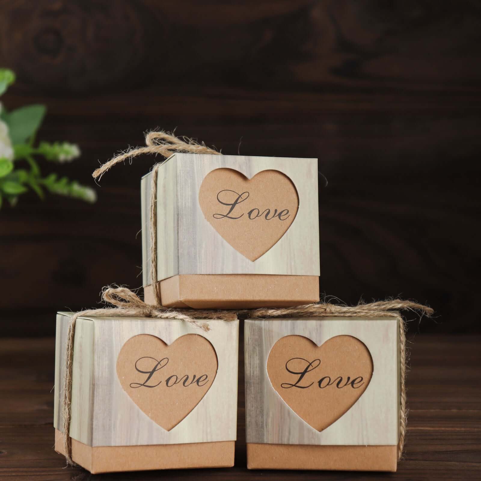 25 Pack Rustic Wood Pattern Natural Brown Paper Party Favor Boxes, Square Candy Gift Boxes with Burlap Jute Twine and Love Heart Cut Out 2.5" - Image 12