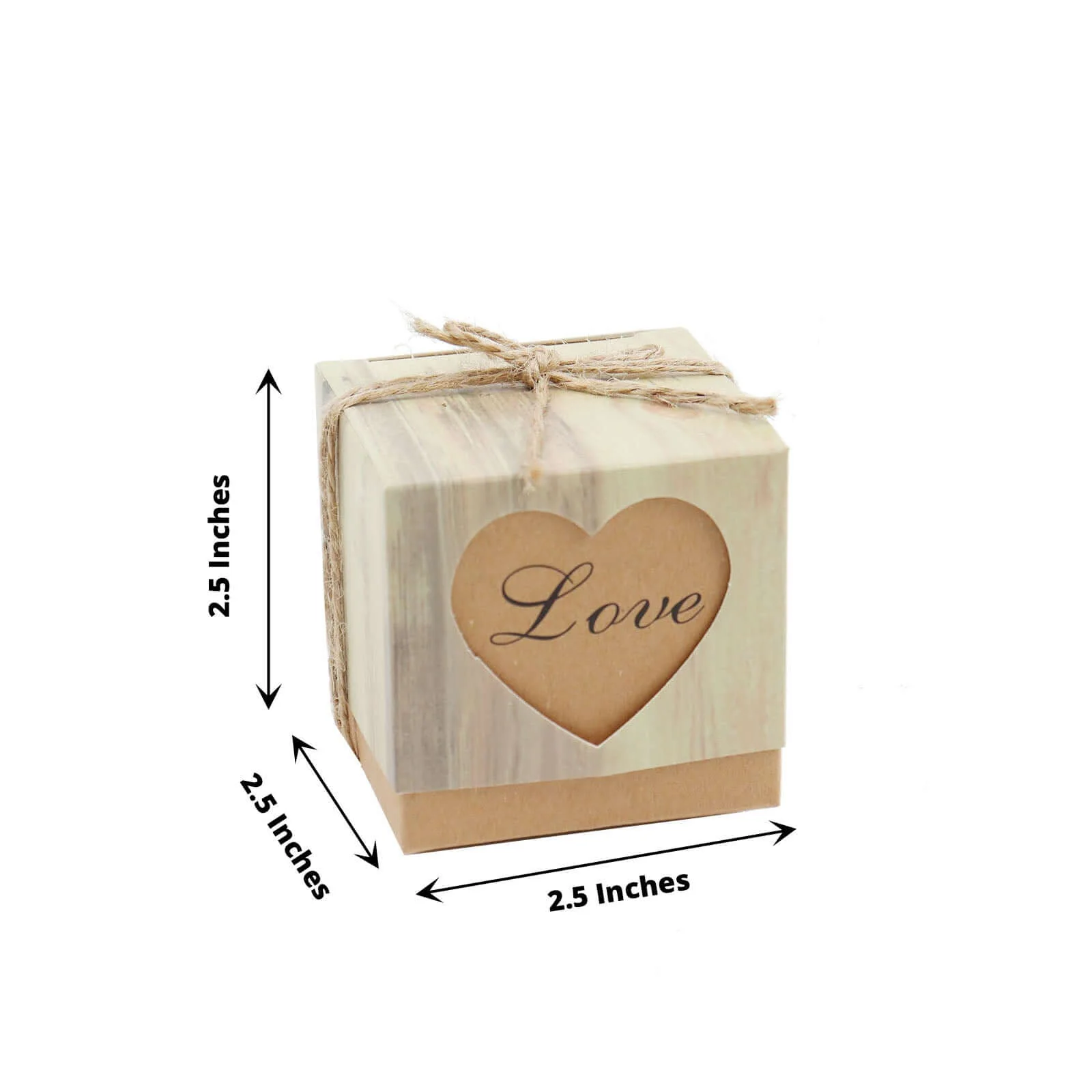 25 Pack Rustic Wood Pattern Natural Brown Paper Party Favor Boxes, Square Candy Gift Boxes with Burlap Jute Twine and Love Heart Cut Out 2.5" - Image 3