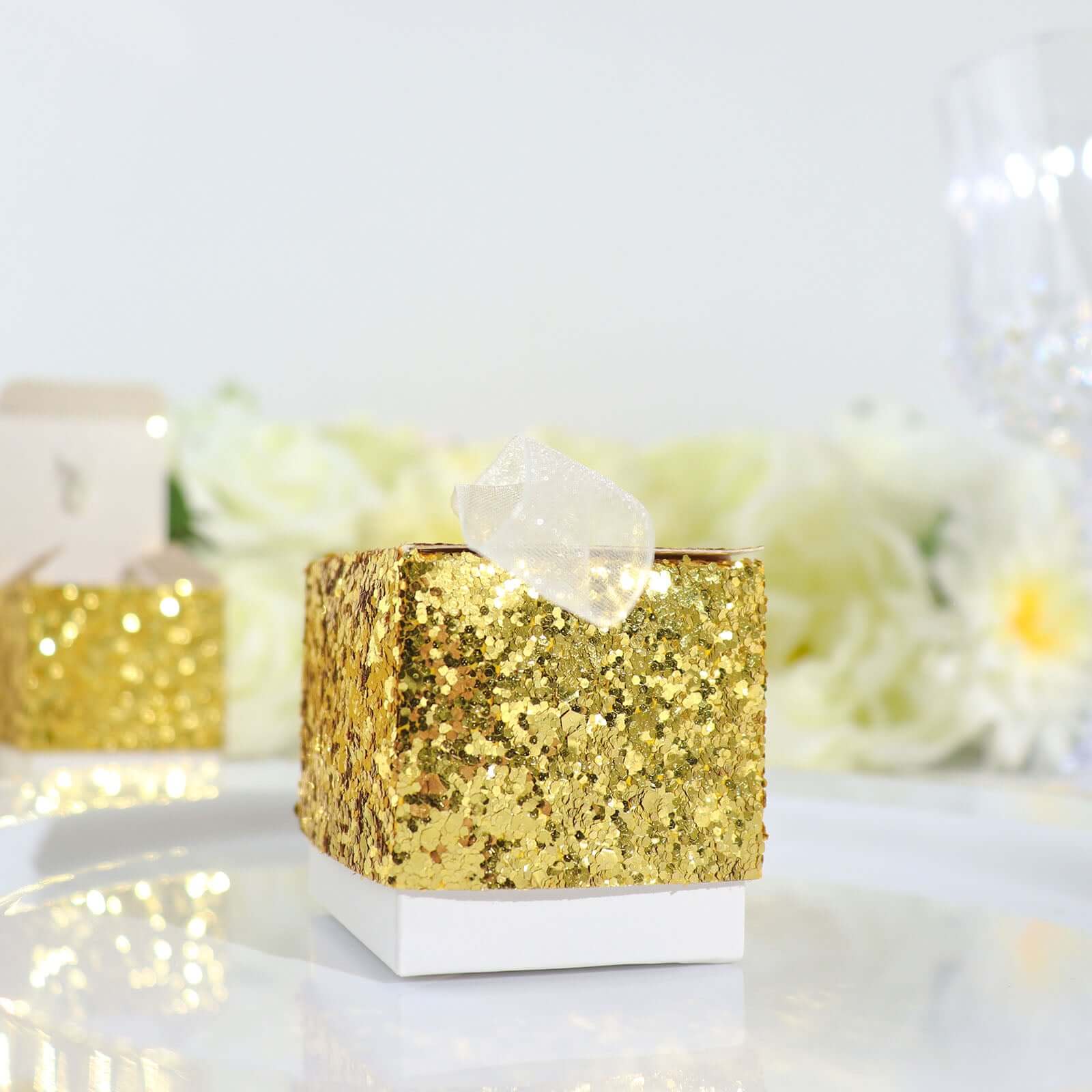 25 Pack Gold Sequin Glitter Mini Gift Boxes With White Ribbon Loop, Party Favor Boxes, Wedding Candy Cases 2" - Image 11
