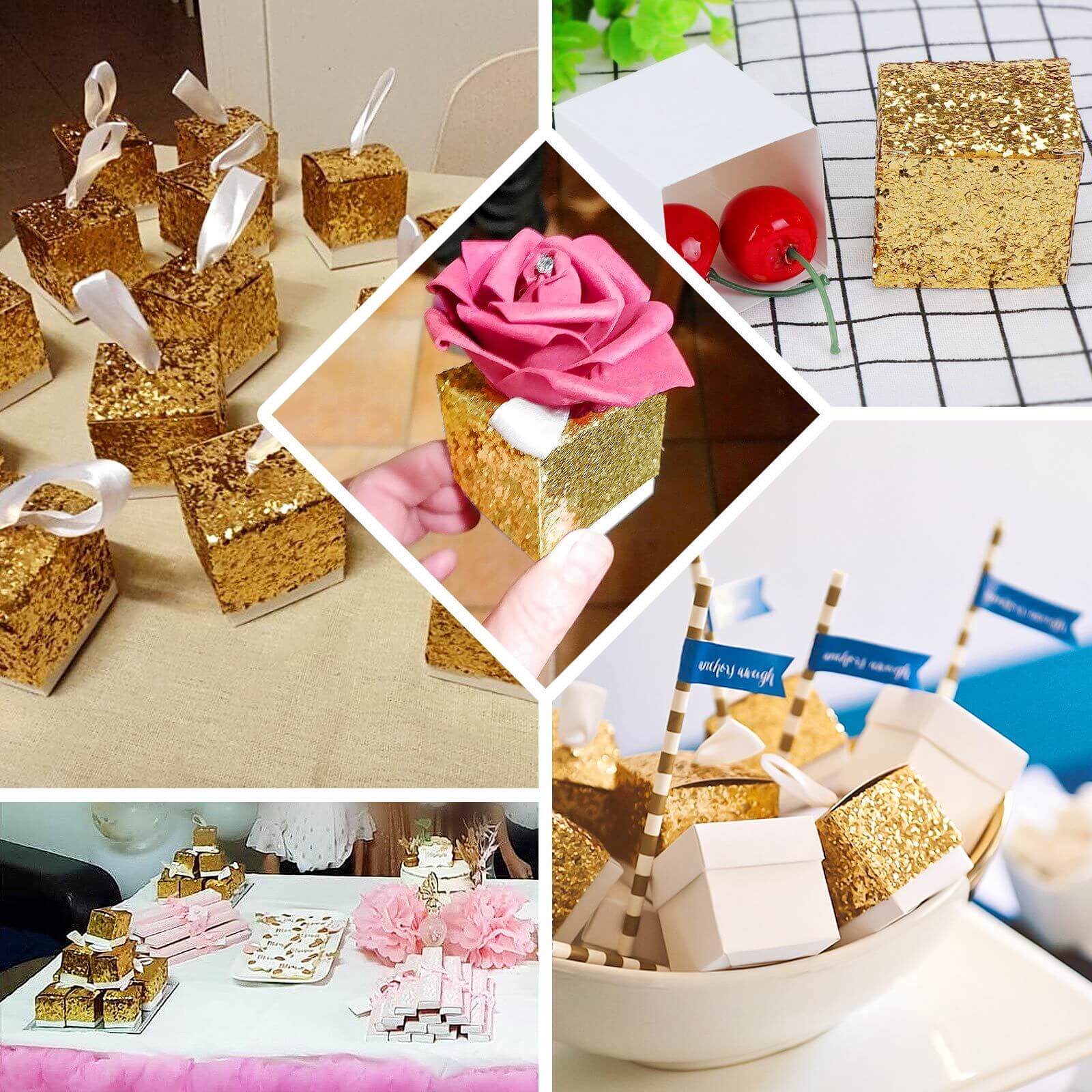 25 Pack Gold Sequin Glitter Mini Gift Boxes With White Ribbon Loop, Party Favor Boxes, Wedding Candy Cases 2" - Image 5