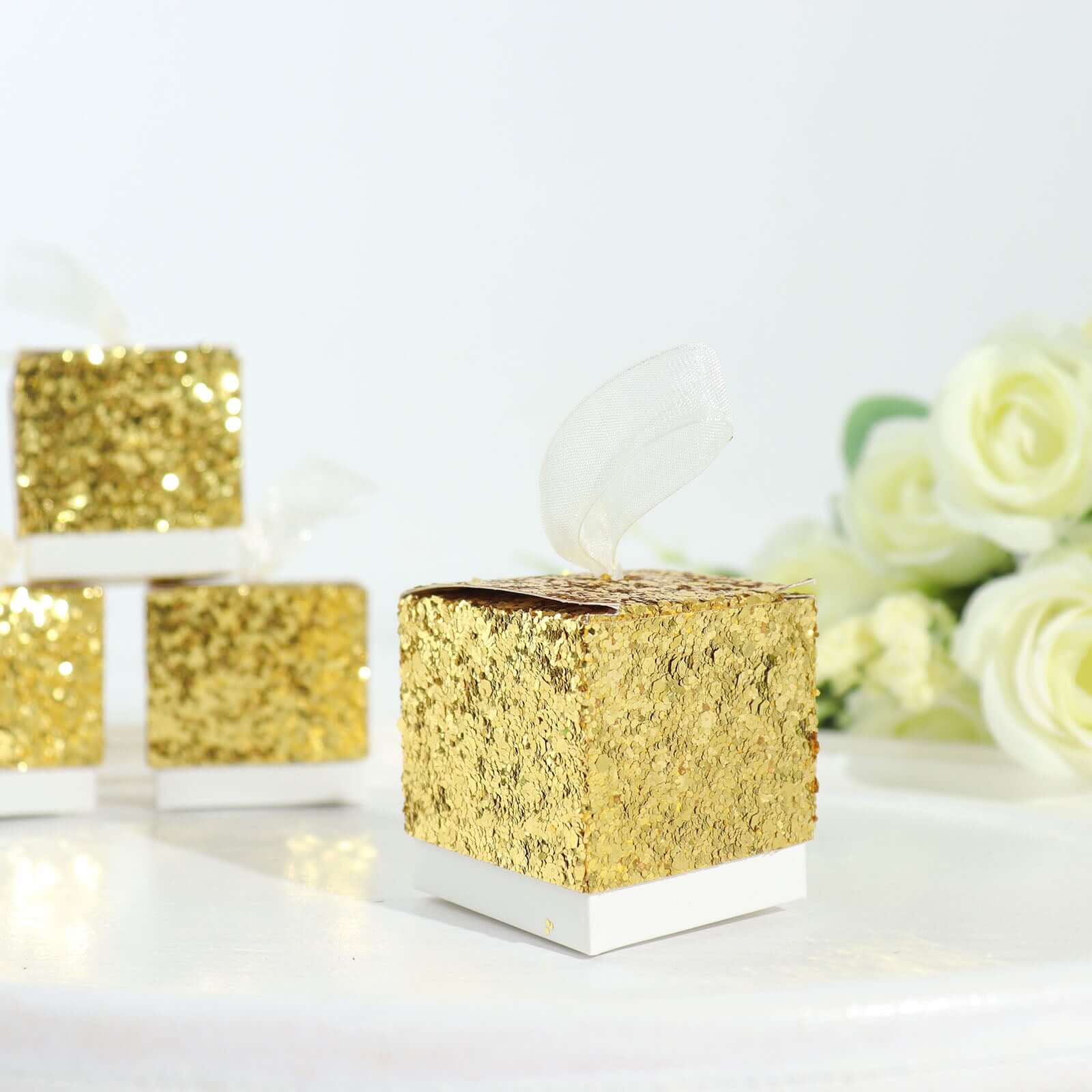 25 Pack Gold Sequin Glitter Mini Gift Boxes With White Ribbon Loop, Party Favor Boxes, Wedding Candy Cases 2" - Image 8