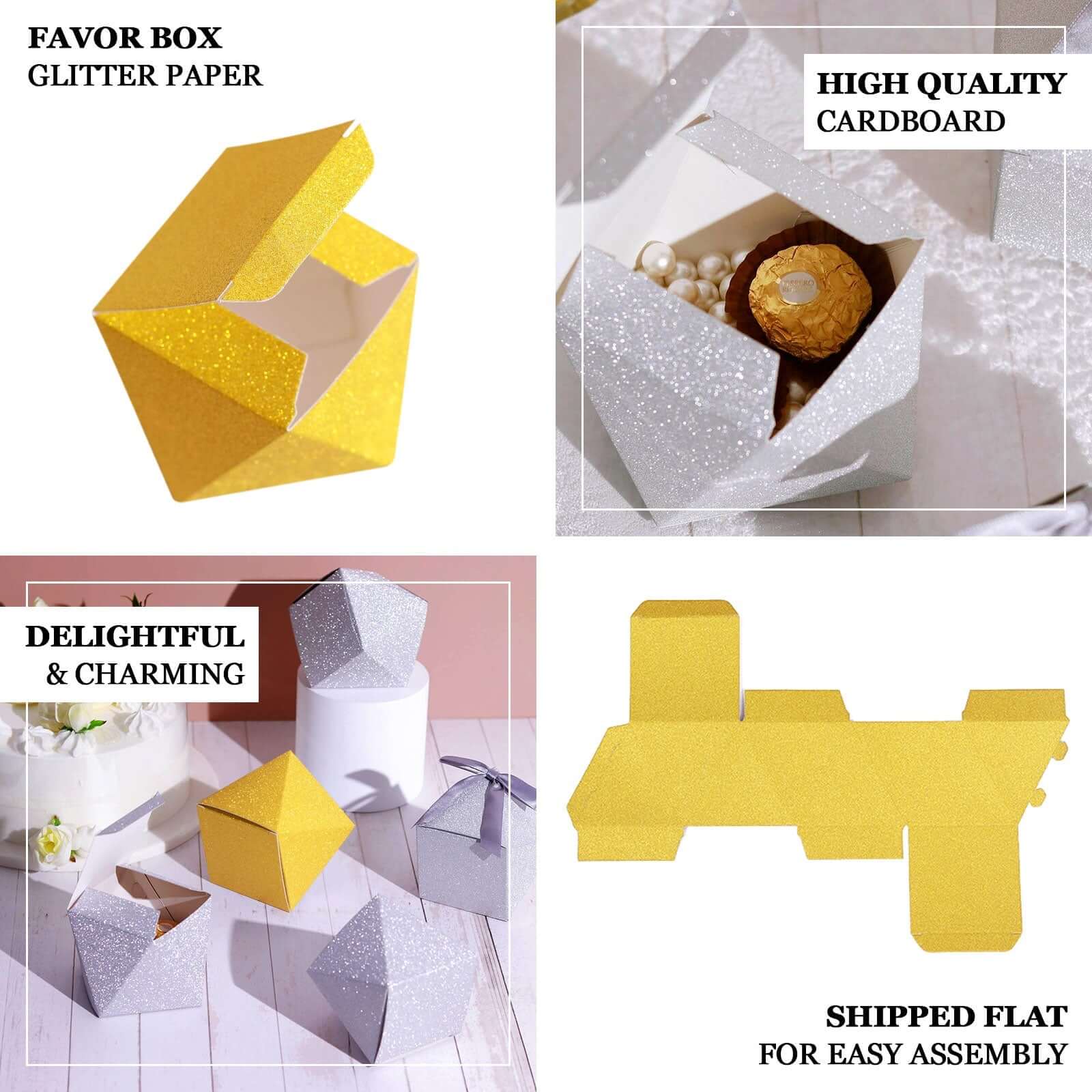 25 Pack Geometric Gold Glitter Wedding Favor Candy Gift Boxes 2"x3" - Image 4