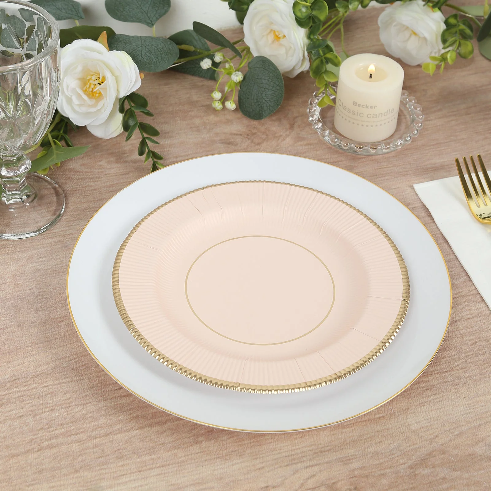 25-Pack Paper Round Dessert Plates 8" Blush Sunray Design with Gold Rim - 350GSM Heavy Duty Disposable Appetizer Salad Plates - Image 8