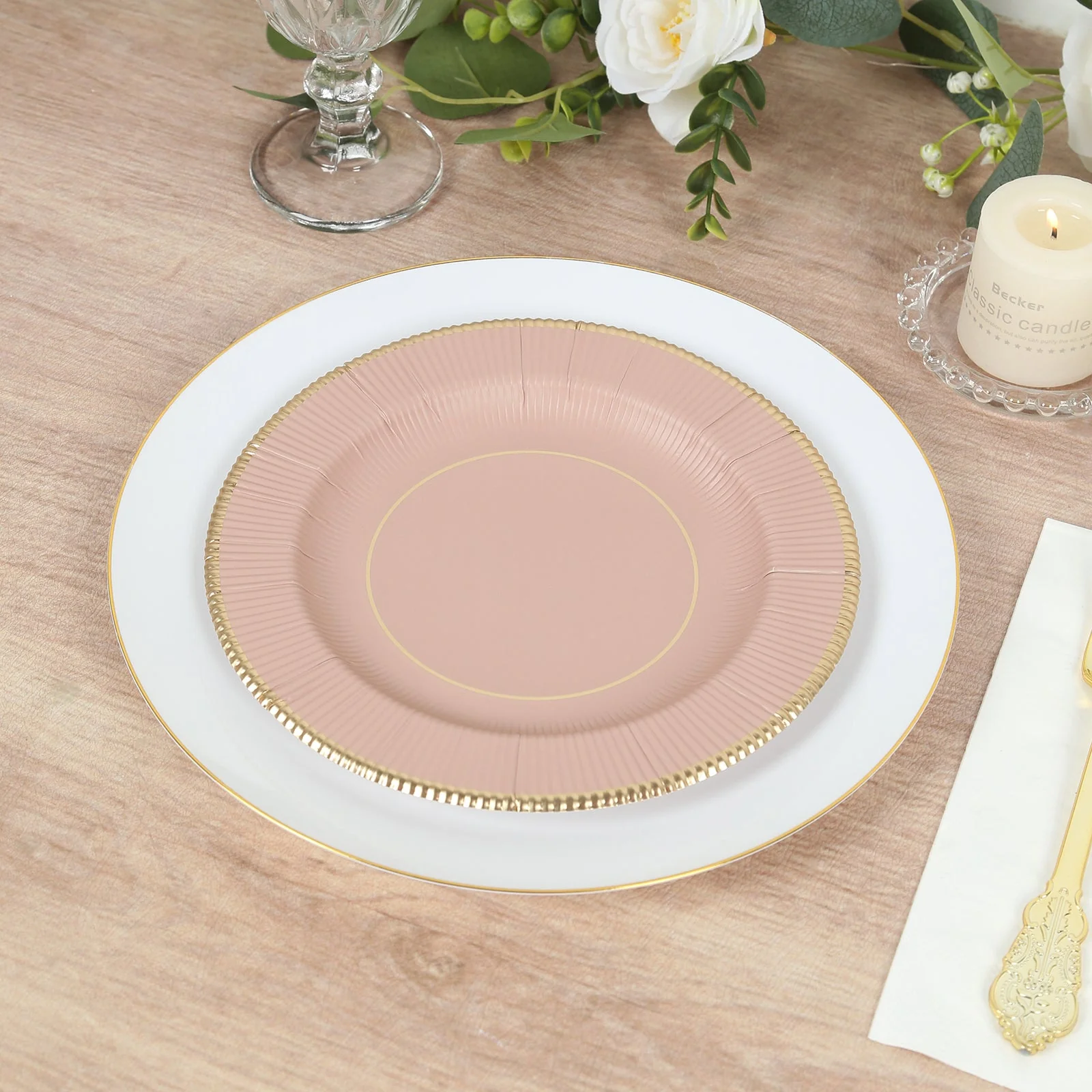 25-Pack Paper Round Dessert Plates 8" Dusty Rose Sunray Design with Gold Rim - 350GSM Heavy Duty Disposable Appetizer Salad Plates - Image 8