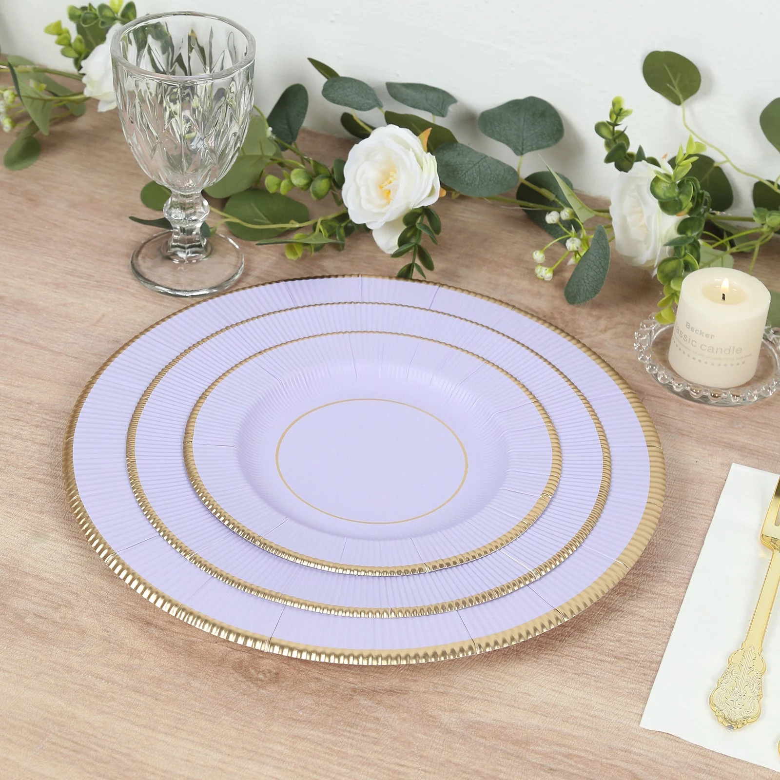 25-Pack Paper Round Dessert Plates 8" Lavender Lilac Sunray Design with Gold Rim - 350GSM Heavy Duty Disposable Appetizer Salad Plates - Image 3