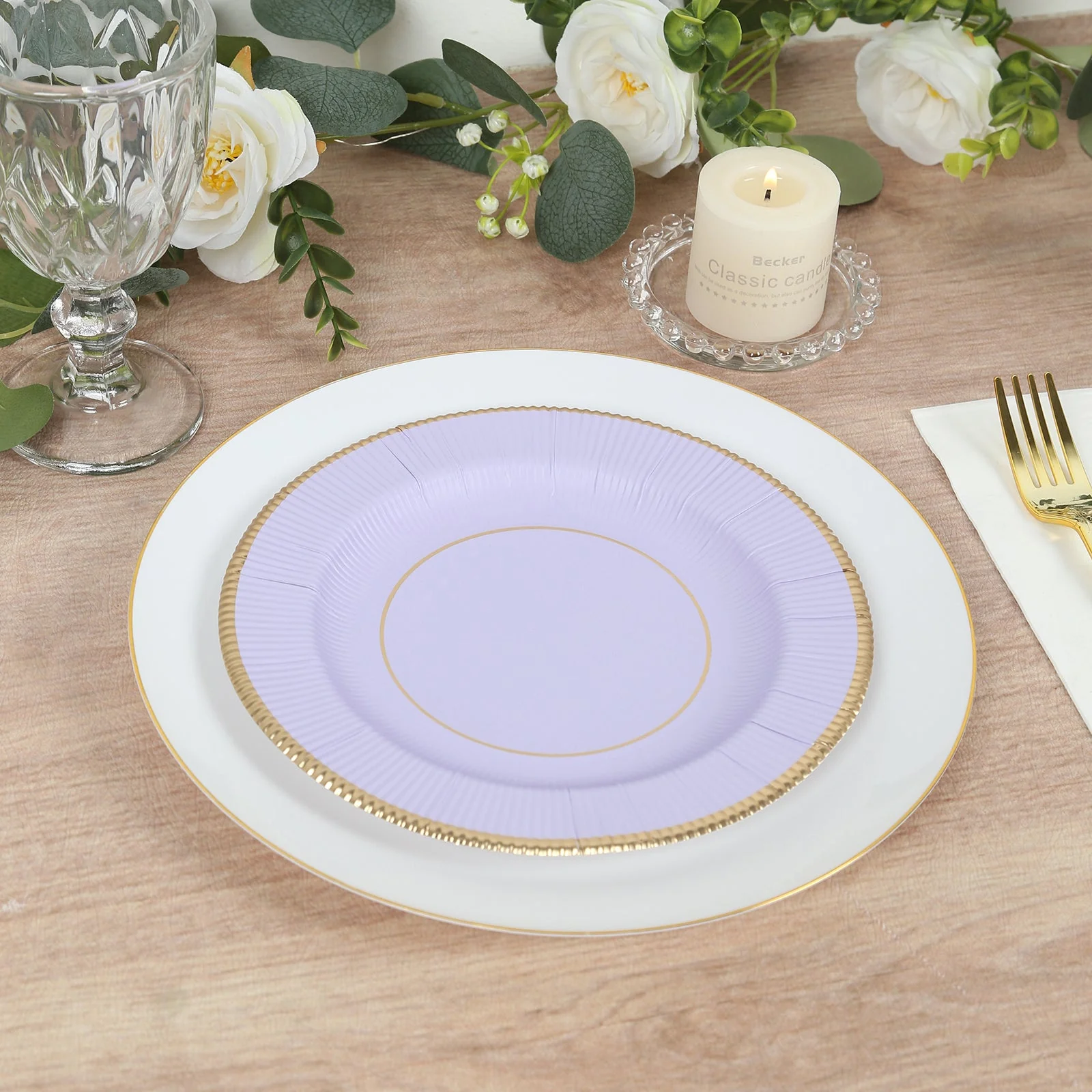 25-Pack Paper Round Dessert Plates 8" Lavender Lilac Sunray Design with Gold Rim - 350GSM Heavy Duty Disposable Appetizer Salad Plates - Image 9