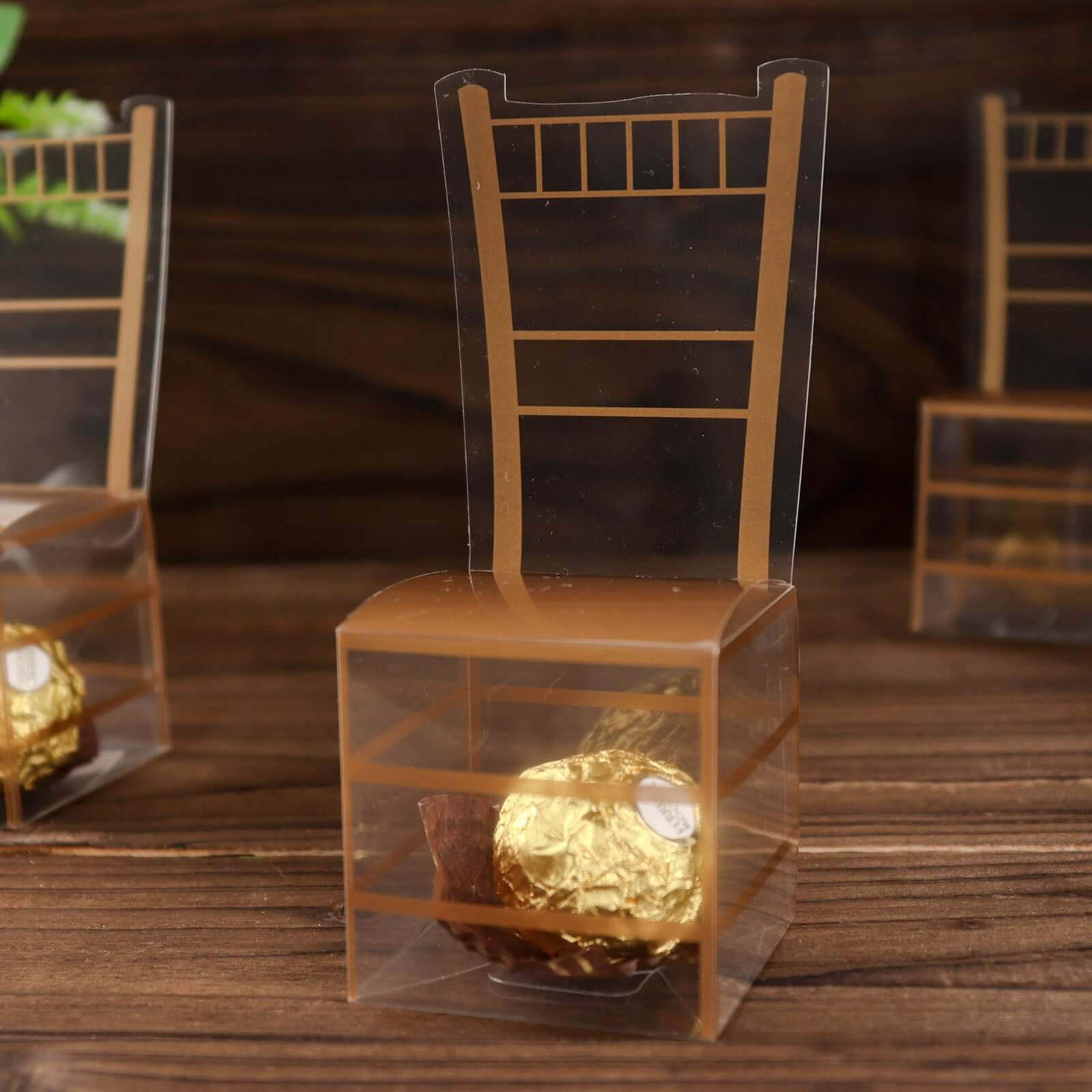 25 Pack Clear and Gold PVC Chiavari Chair-Shaped Party Favor Candy Gift Boxes 2"x5" - Image 5