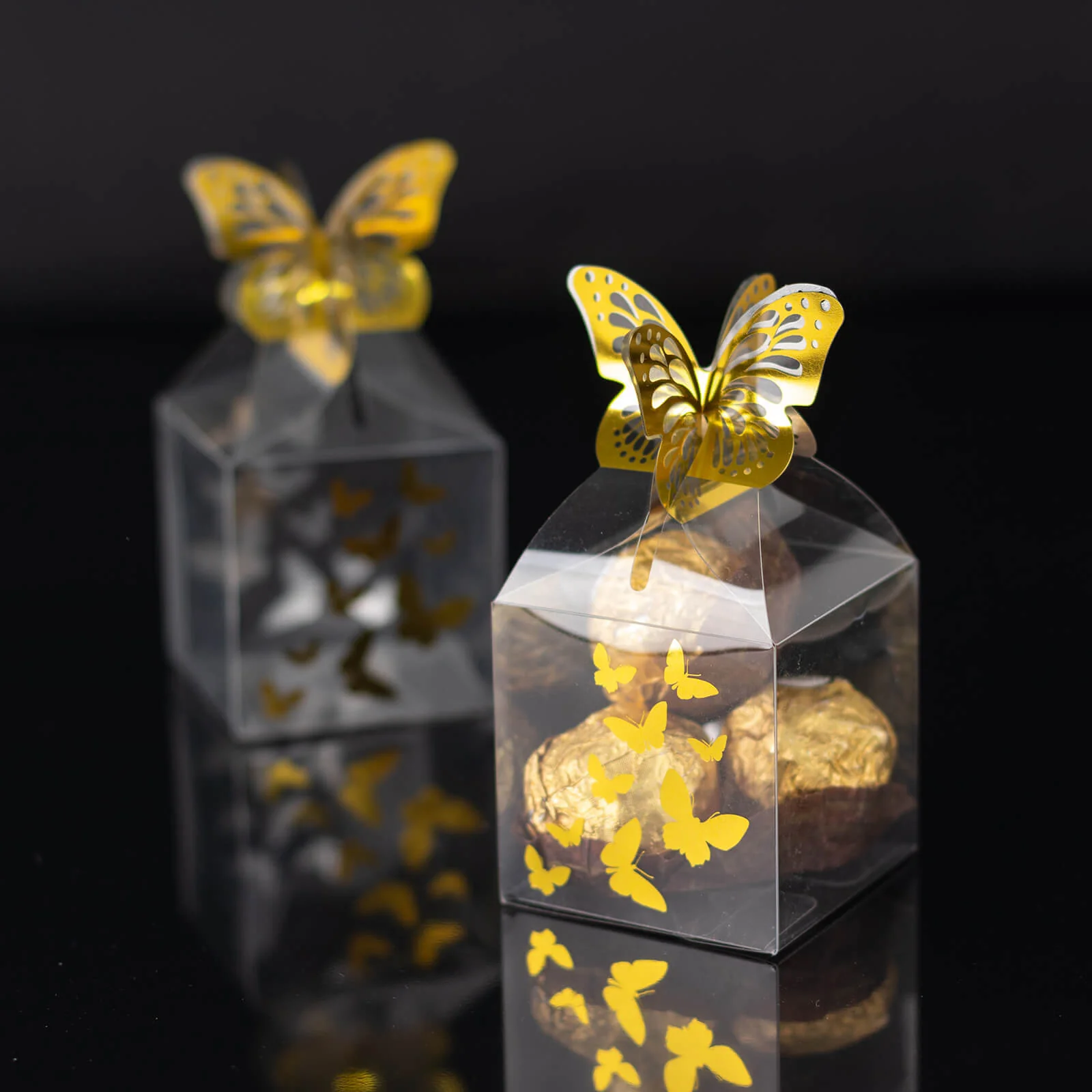 25 Pack Clear Plastic Square Candy Gift Boxes with Gold Butterfly Top, Transparent Party Favor Treat Boxes - 2"x2"x4" - Image 3