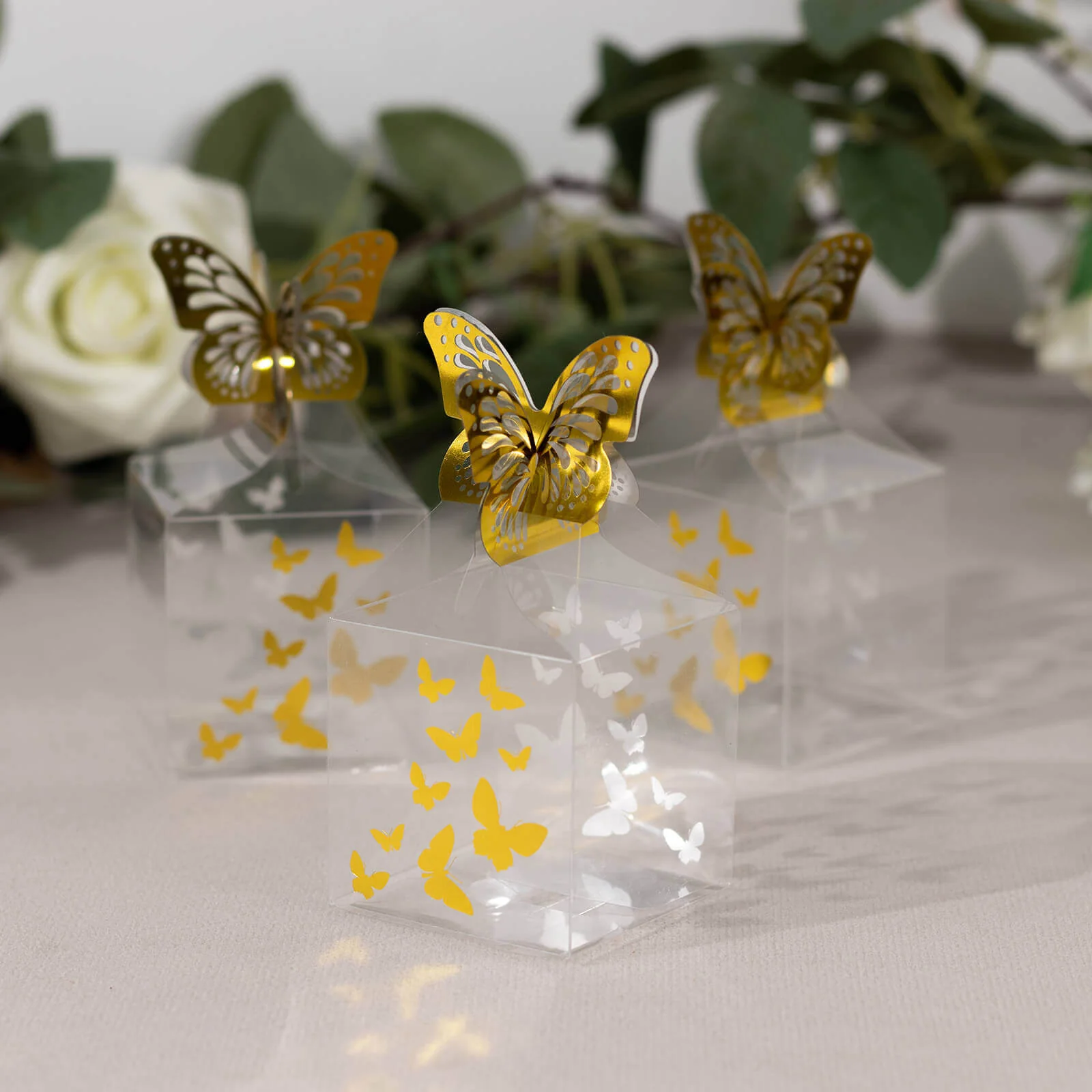25 Pack Clear Plastic Square Candy Gift Boxes with Gold Butterfly Top, Transparent Party Favor Treat Boxes - 2"x2"x4" - Image 4