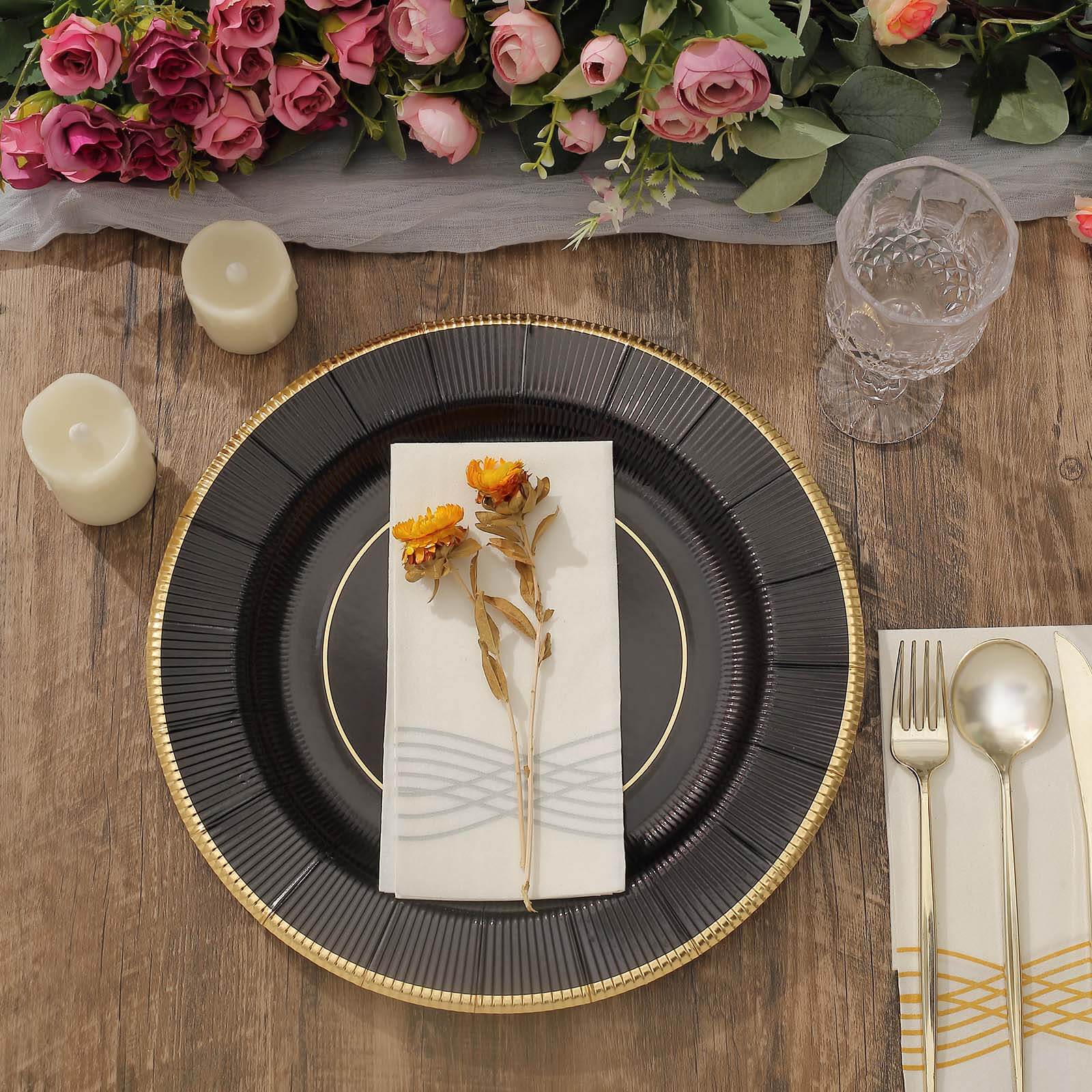 25-Pack Disposable Round Charger Plates 13" Black Sunray Design with Gold Rim - 350GSM Heavy Duty Paper Placemats - Image 2