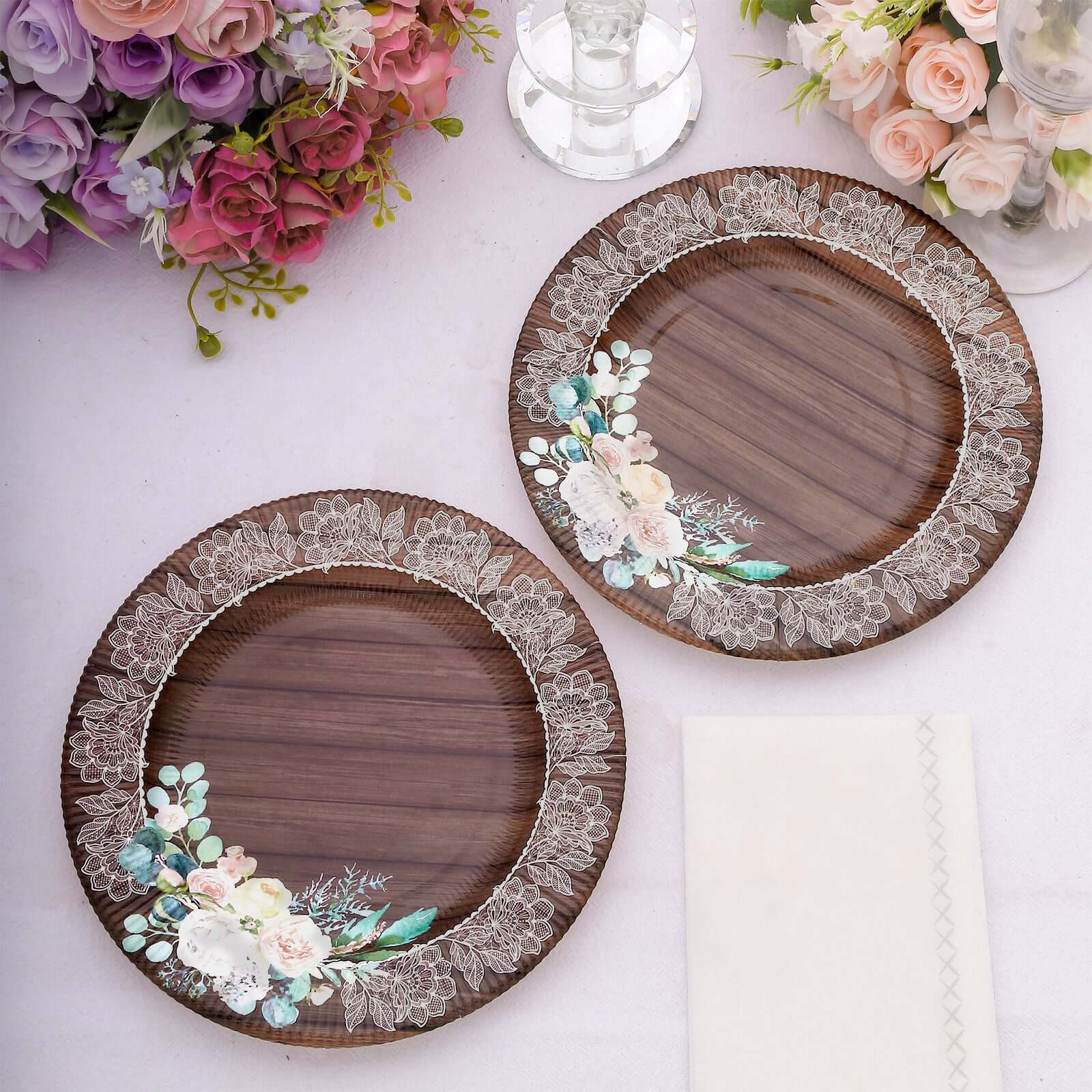 25-Pack Disposable Round Charger Plates 13" Brown Rustic Wood Print with Floral Lace Rim - Sturdy Paper Chargers for Rustic & Boho Themed Events - Image 11