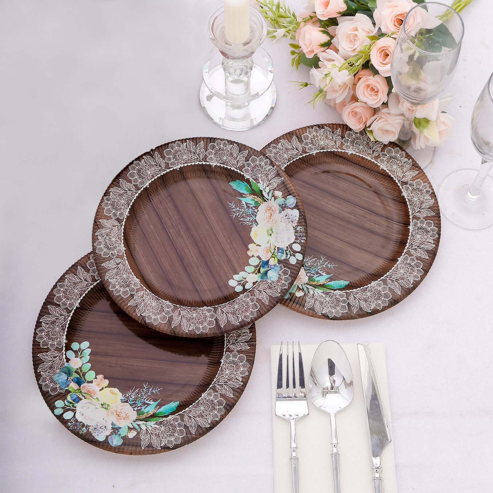 25-Pack Disposable Round Charger Plates 13" Brown Rustic Wood Print with Floral Lace Rim - Sturdy Paper Chargers for Rustic & Boho Themed Events - Image 12