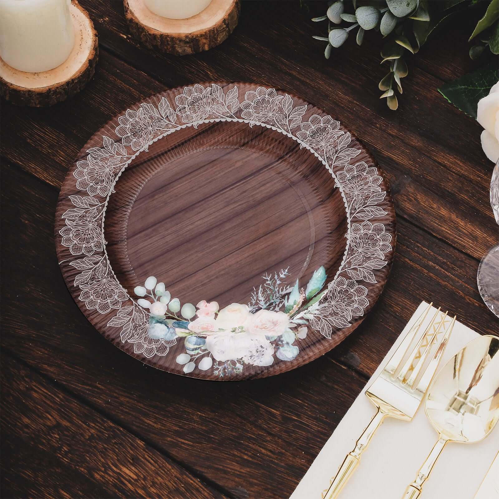 25-Pack Disposable Round Charger Plates 13" Brown Rustic Wood Print with Floral Lace Rim - Sturdy Paper Chargers for Rustic & Boho Themed Events - Image 4