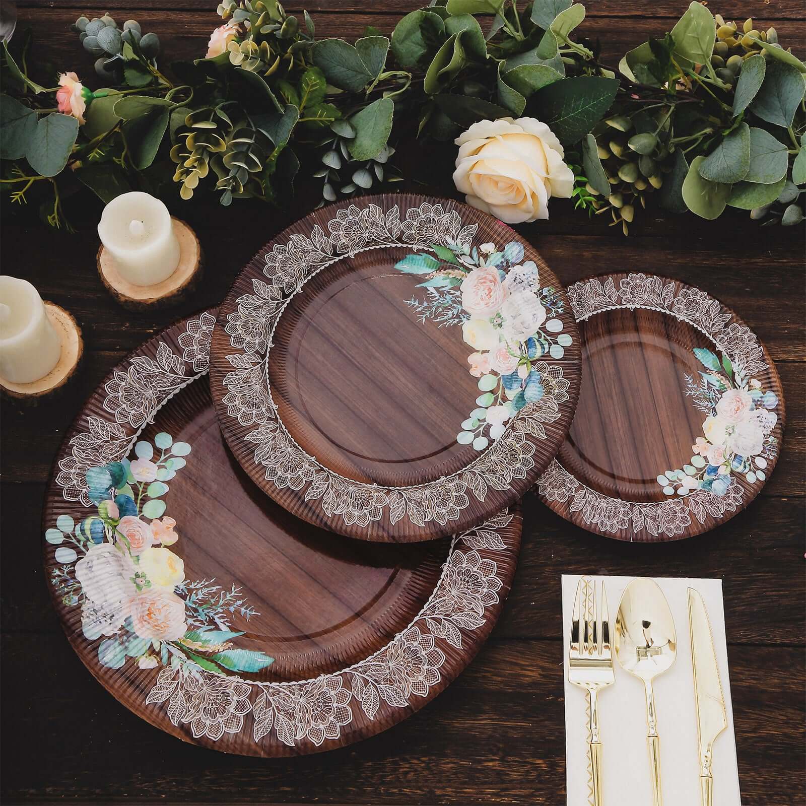 25-Pack Disposable Round Charger Plates 13" Brown Rustic Wood Print with Floral Lace Rim - Sturdy Paper Chargers for Rustic & Boho Themed Events - Image 5