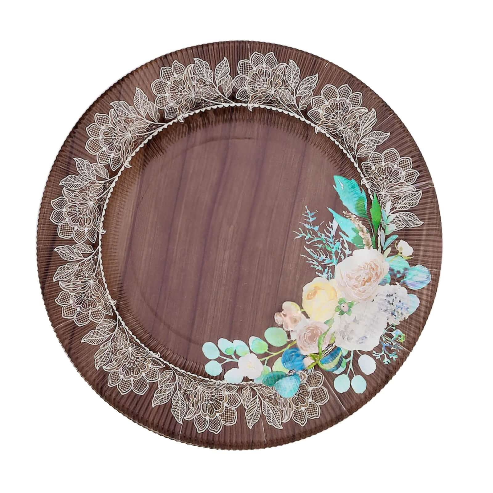 25-Pack Disposable Round Charger Plates 13" Brown Rustic Wood Print with Floral Lace Rim - Sturdy Paper Chargers for Rustic & Boho Themed Events - Image 7