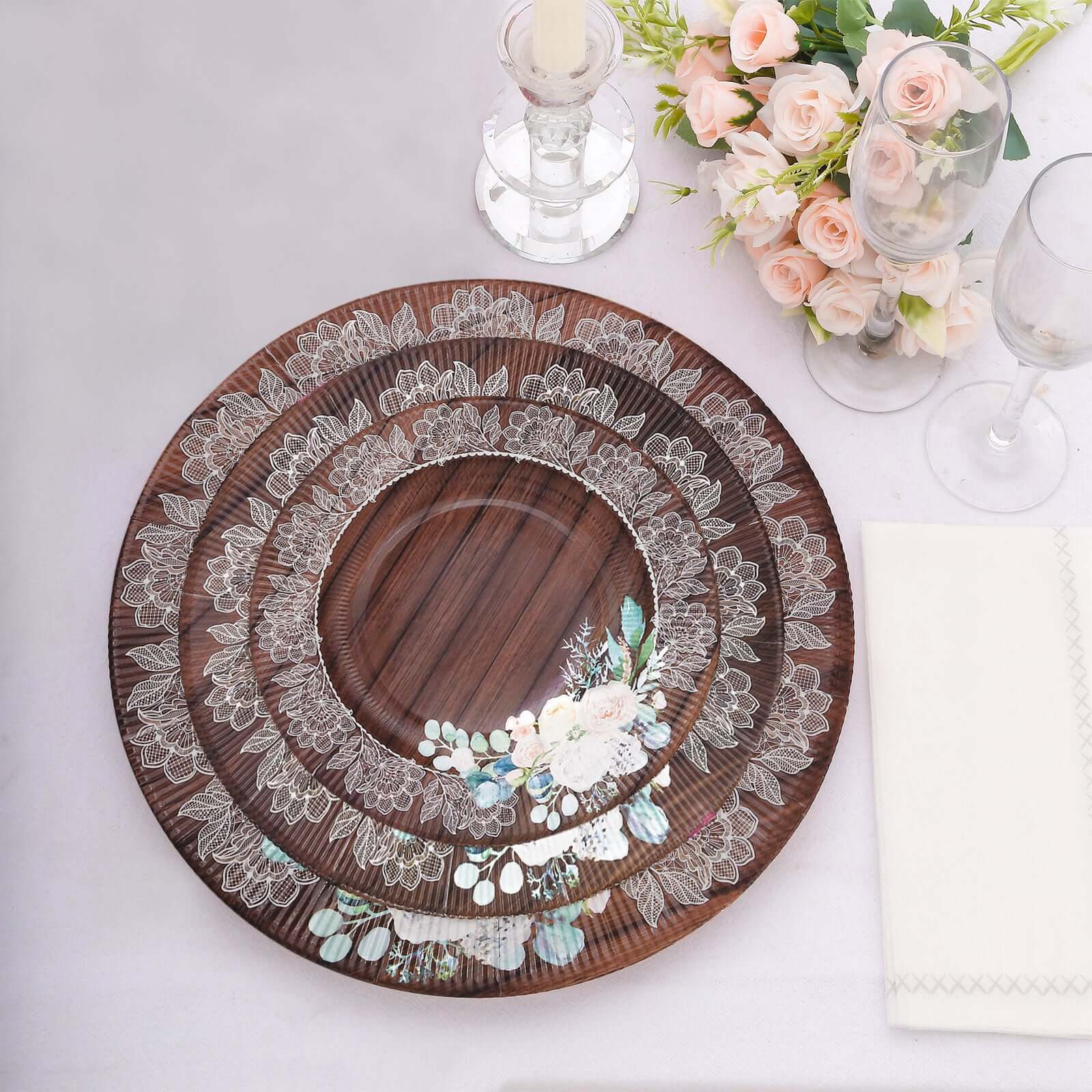 25-Pack Disposable Round Charger Plates 13" Brown Rustic Wood Print with Floral Lace Rim - Sturdy Paper Chargers for Rustic & Boho Themed Events - Image 9