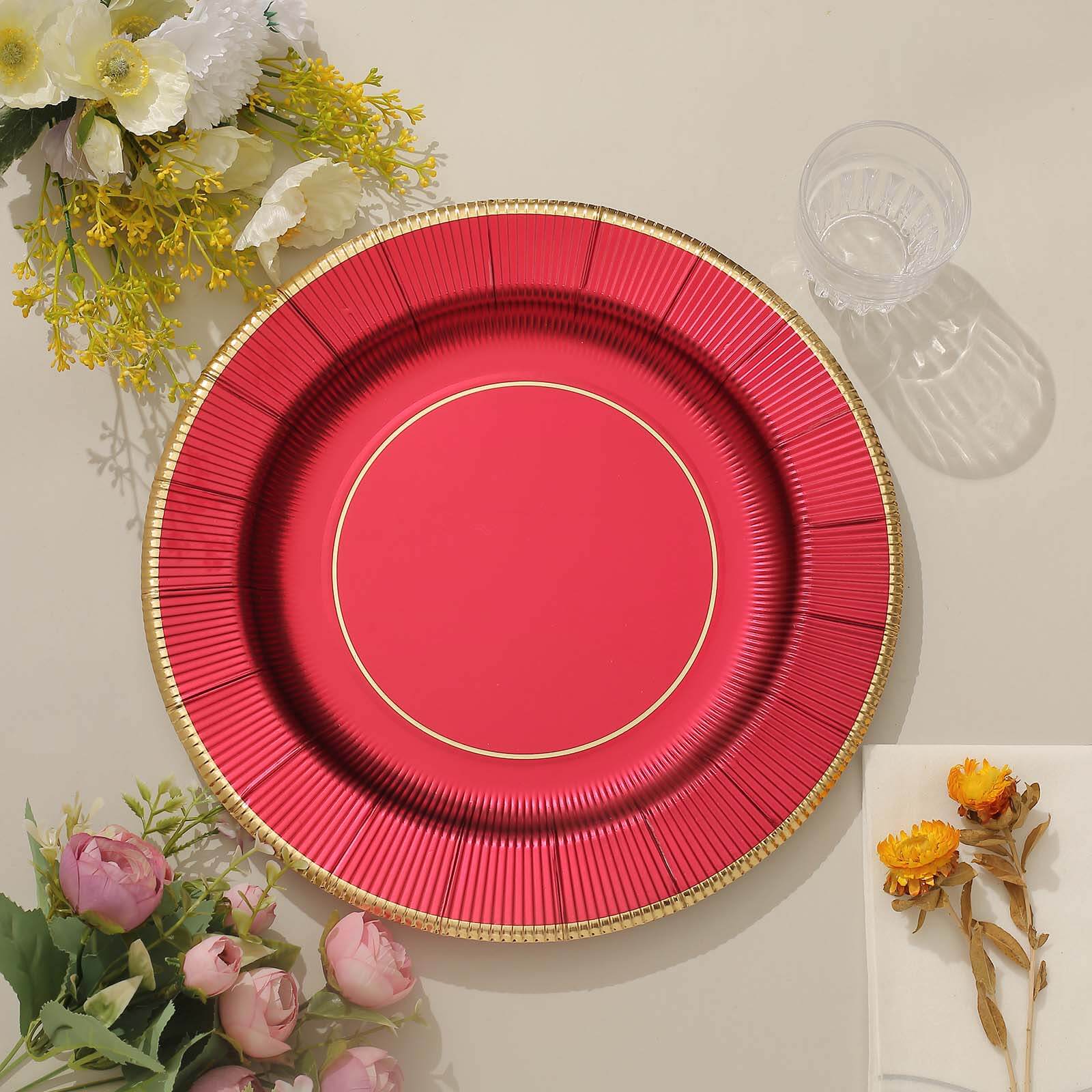 25-Pack Disposable Round Charger Plates 13" Burgundy Sunray Design with Gold Rim - 350GSM Heavy Duty Paper Placemats - Image 10