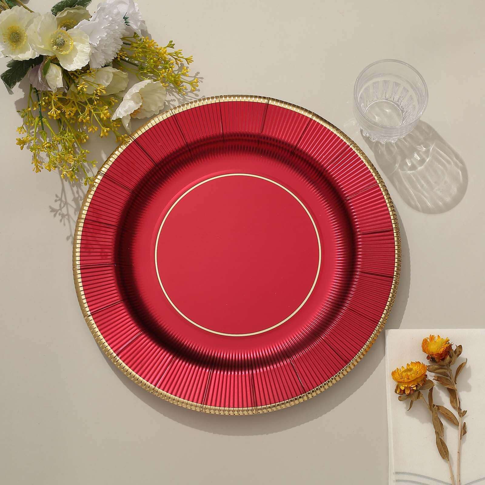25-Pack Disposable Round Charger Plates 13" Burgundy Sunray Design with Gold Rim - 350GSM Heavy Duty Paper Placemats - Image 11